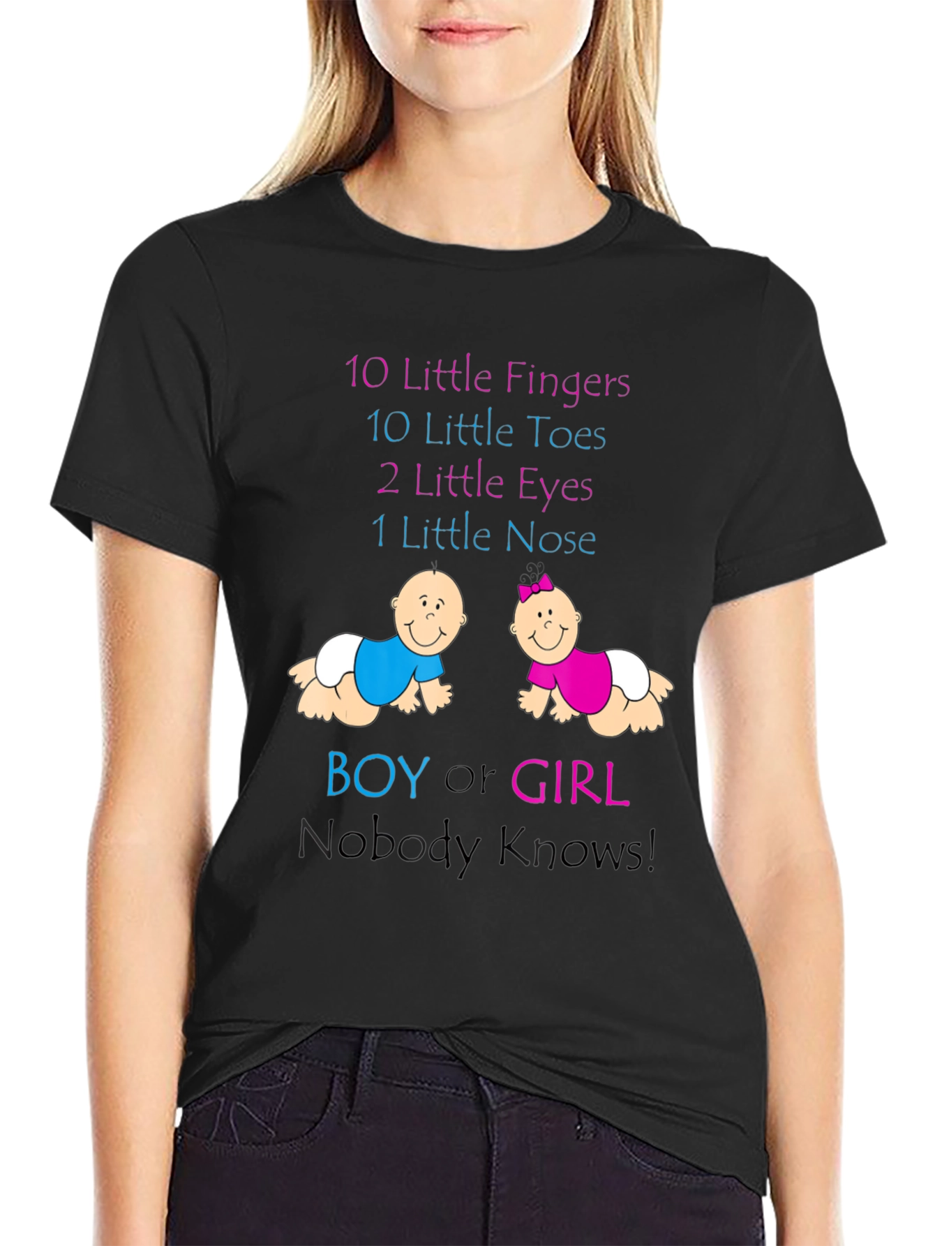 Black Baby Gender Reveal T-Shirt - Boy or Girl Nobody Knows! view 2