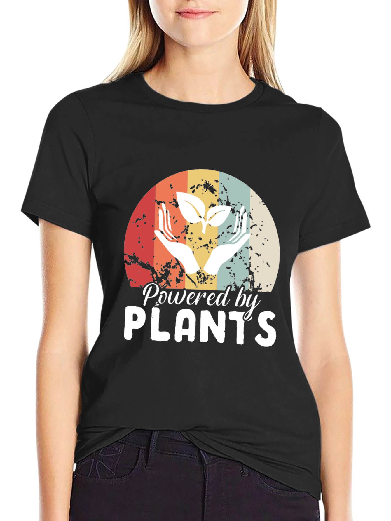Black Powered by Plants T-Shirt - Retro Vegan Tee view 2