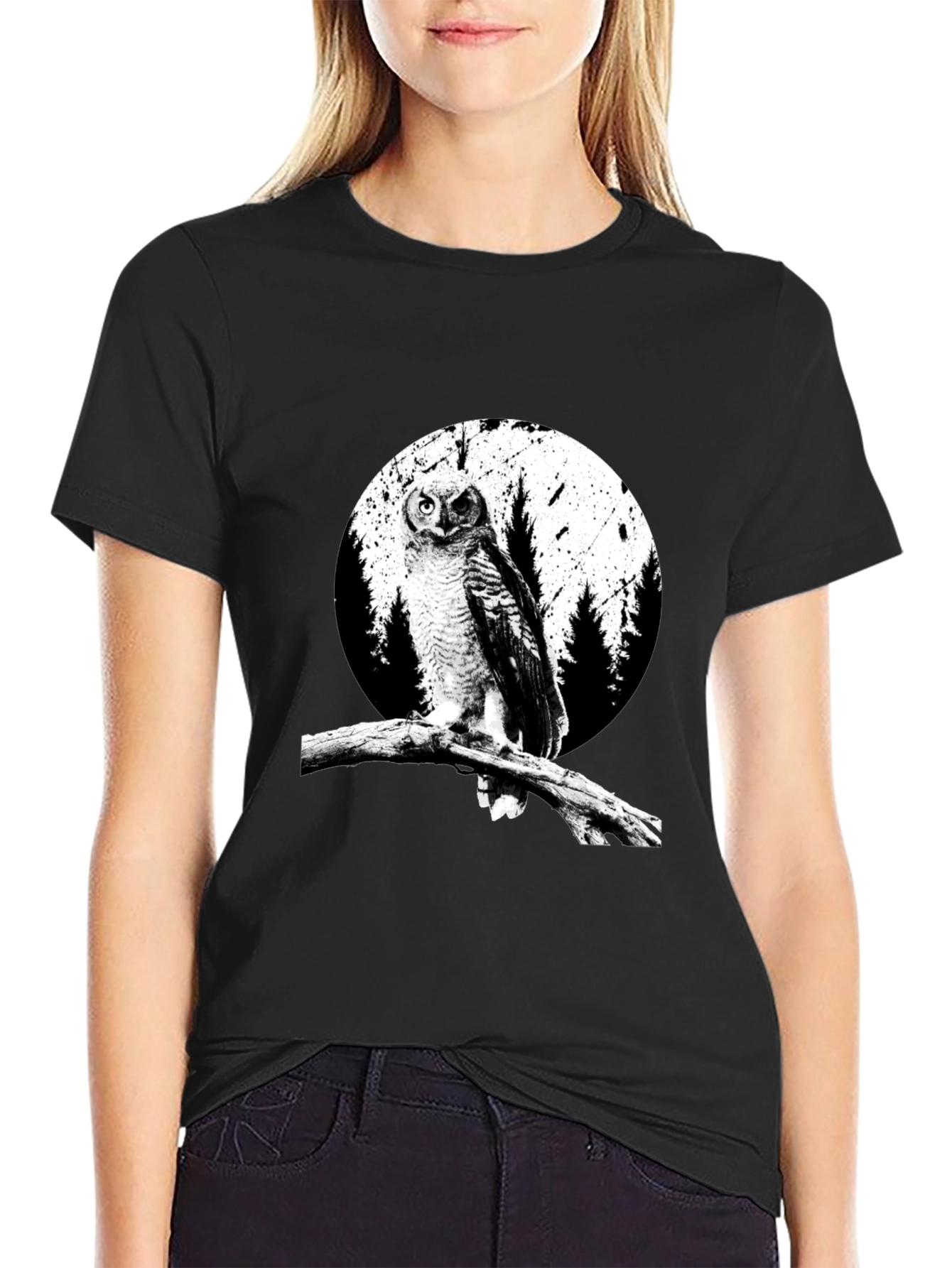 Black Owl Graphic Tee - Black Cotton T-Shirt view 2