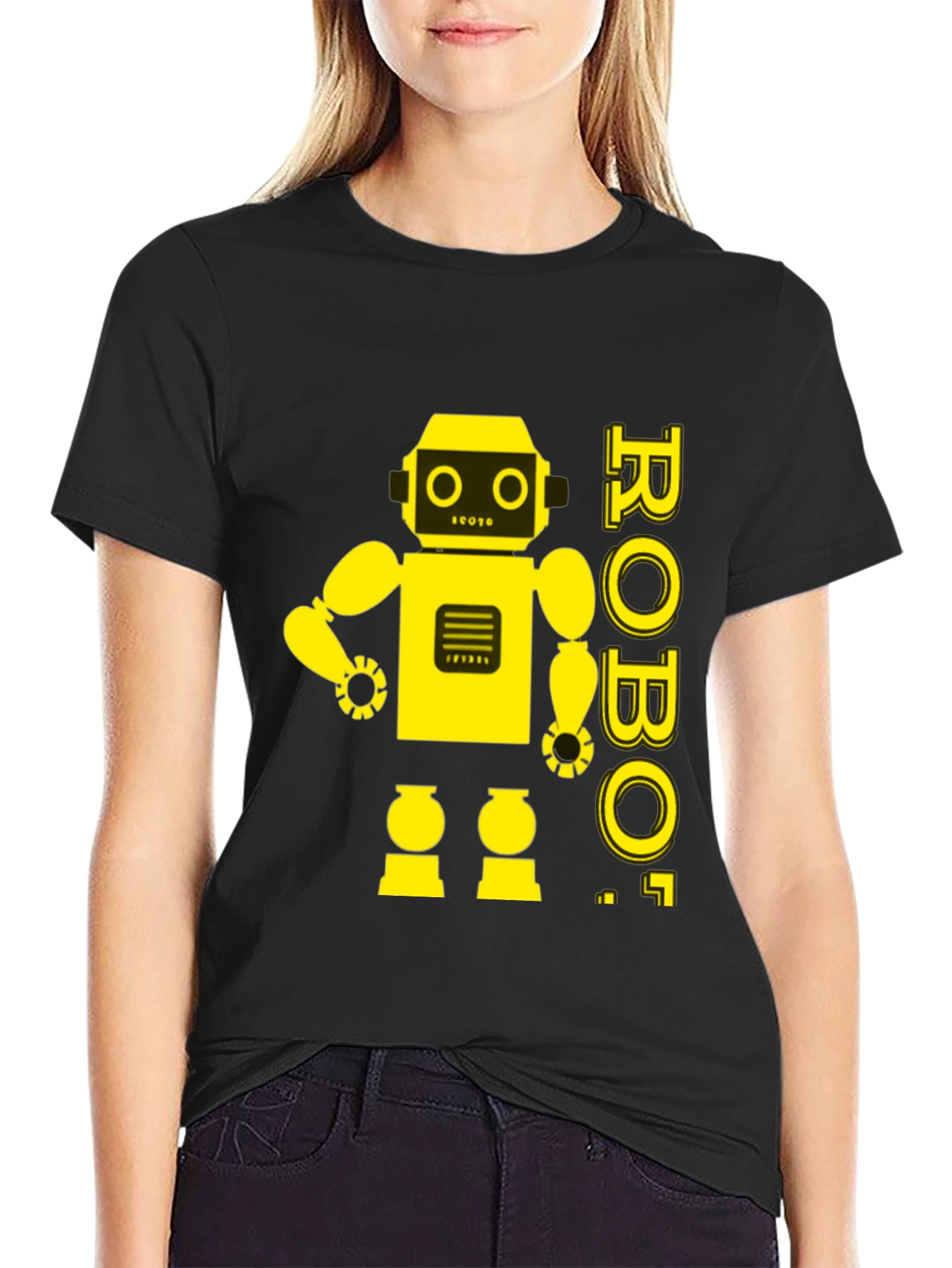 Black Retro Robot Graphic Tee - Black Cotton T-Shirt view 2