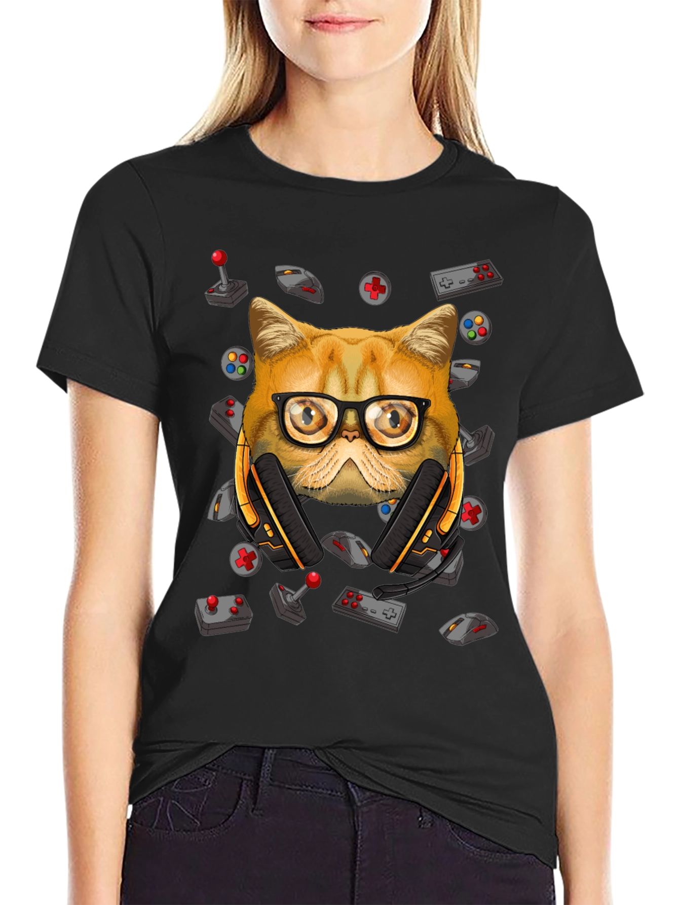 Black Gamer Cat T-Shirt - Funny Graphic Tee view 2