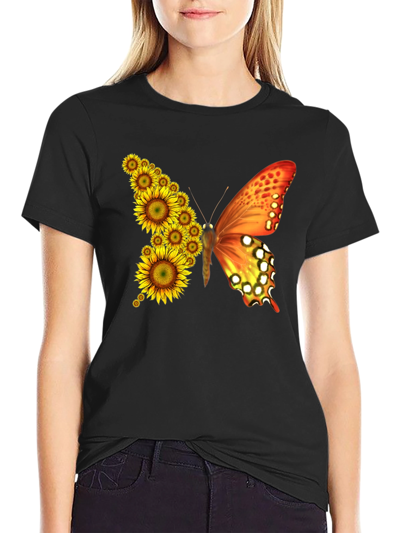 Sunflower Butterfly Graphic Tee - Black Cotton Blend Shirt - 2