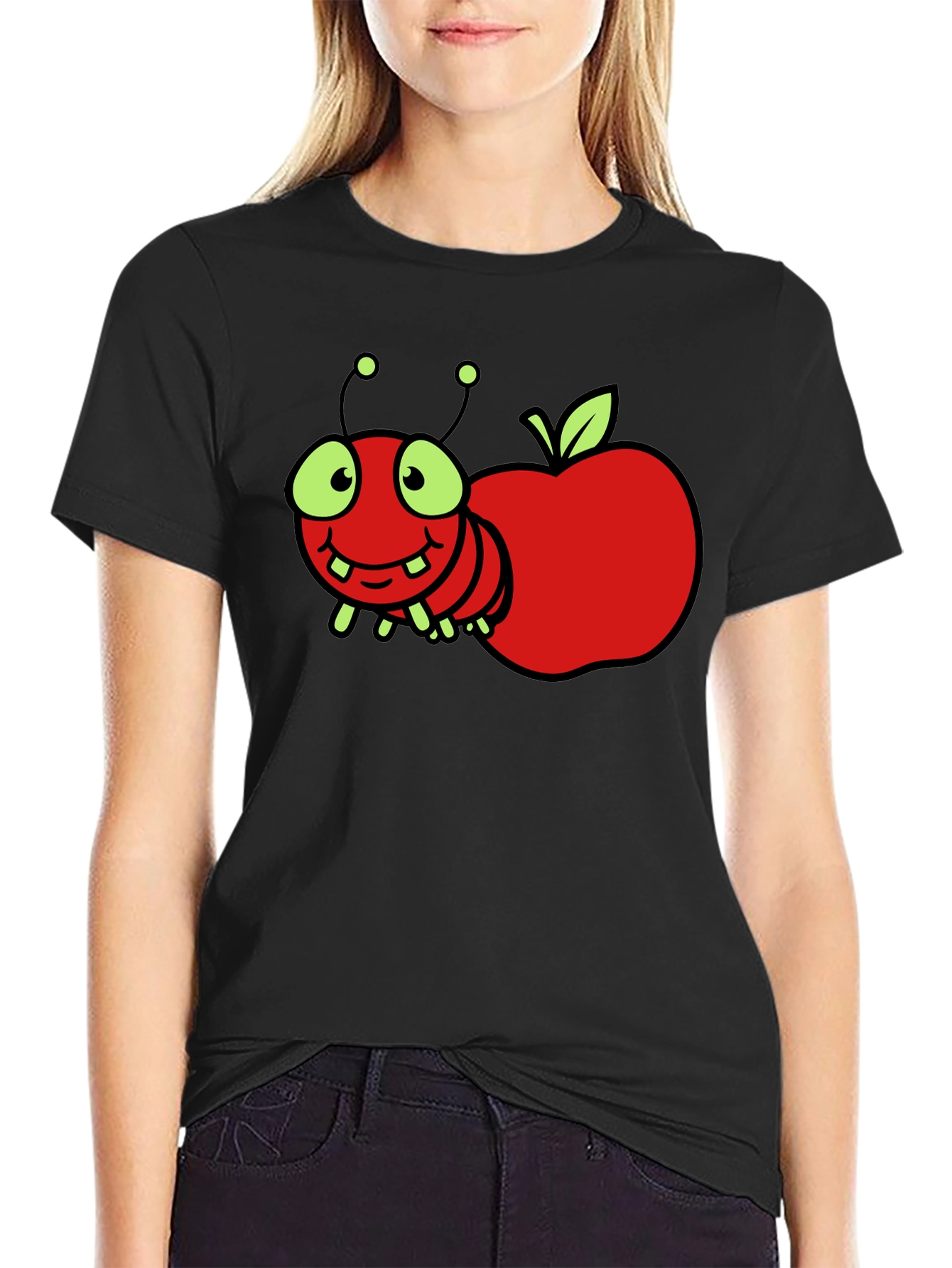 Black Cartoon Worm Apple T-Shirt view 2