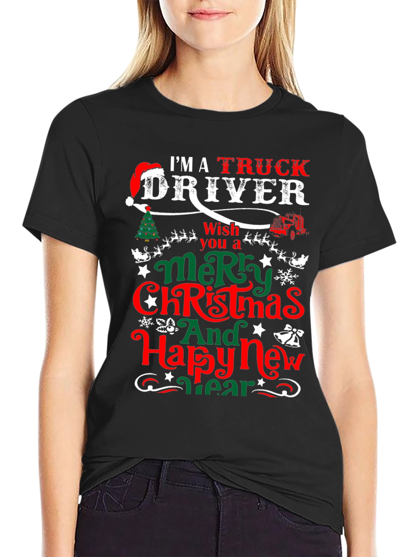 Black Truck Driver Christmas T-Shirt view 2