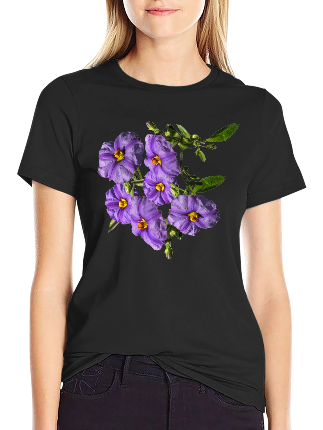 Black Floral Print Tee - Purple Flower Design view 2