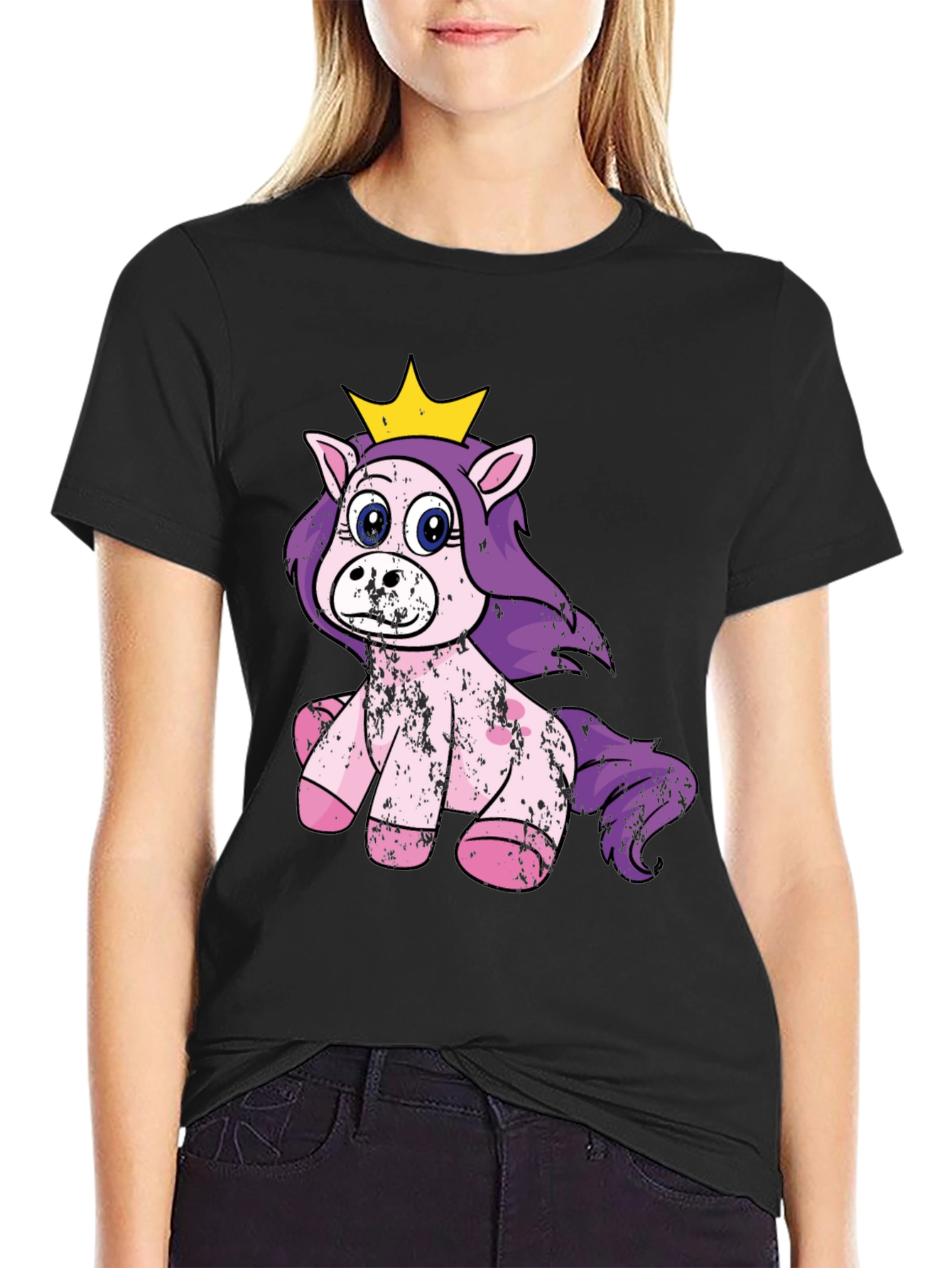 Black Cute Princess Unicorn Black T-Shirt view 2