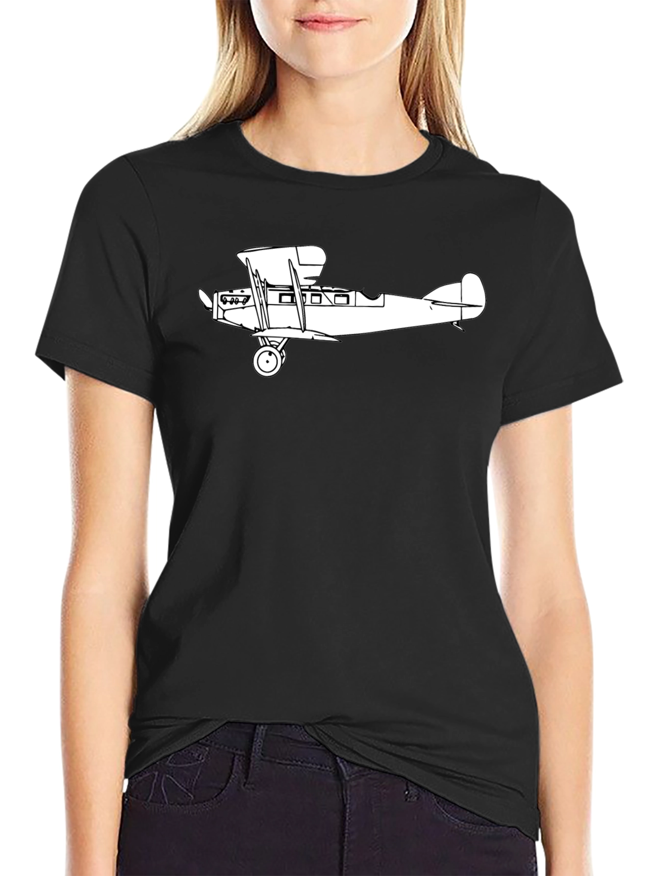 Black Vintage Biplane Graphic T-Shirt - Classic Aviation Style view 2