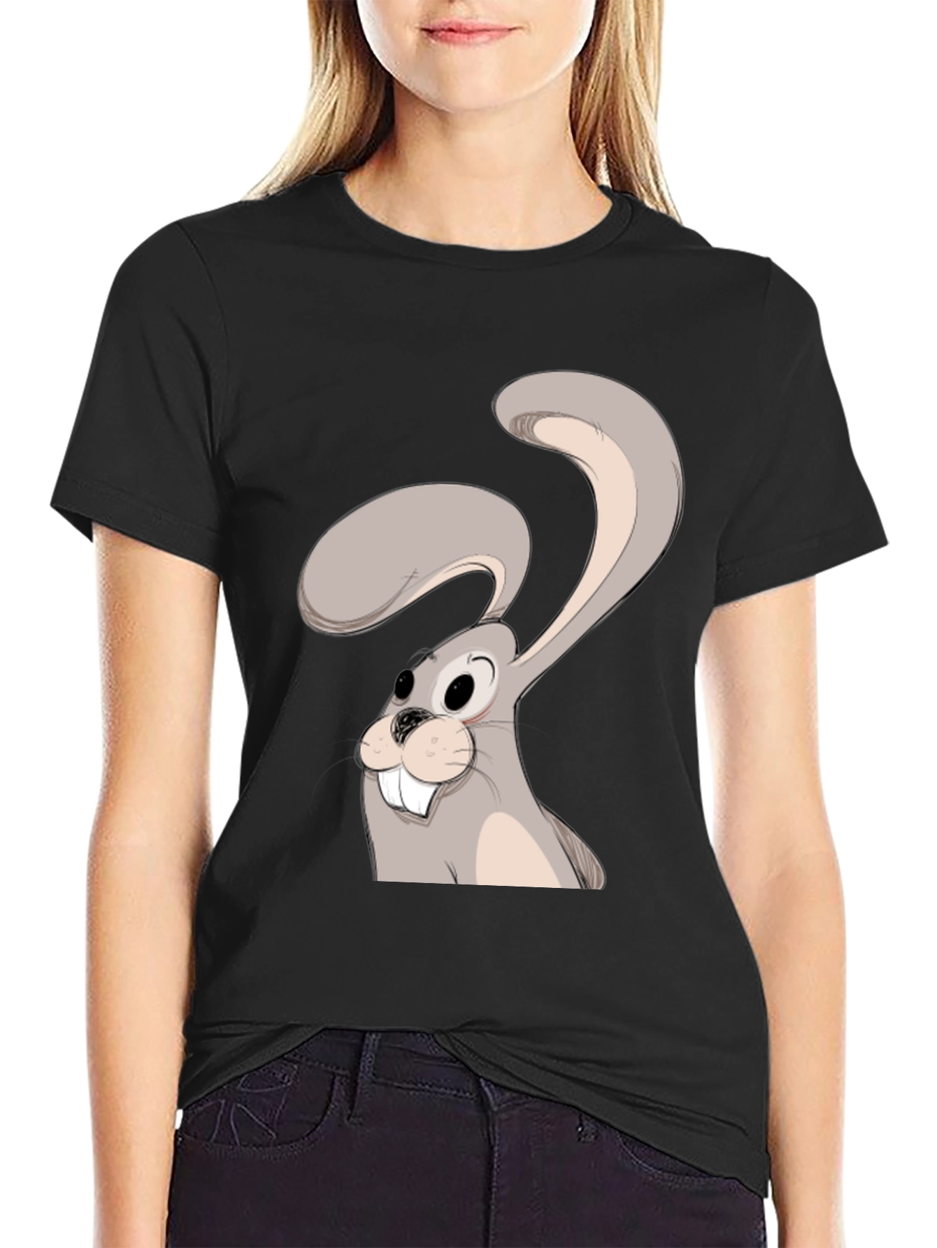 Black Cartoon Rabbit Graphic Tee - Black Cotton Blend view 2