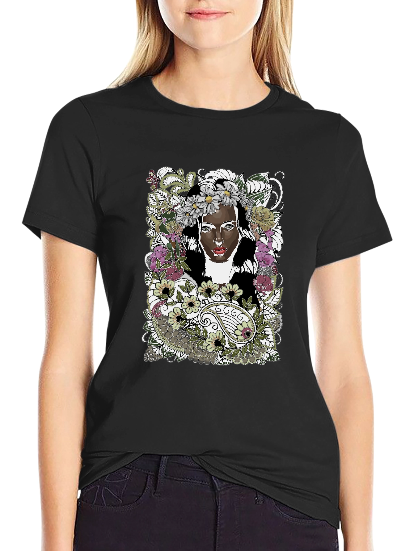 Black Floral Woman Graphic Tee - Black Unisex T-Shirt view 2