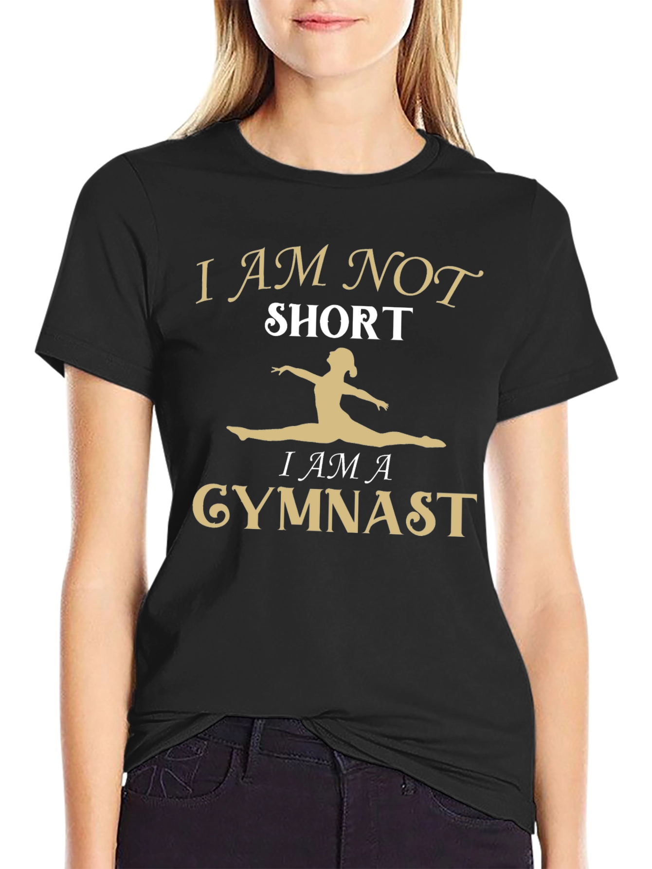 Black Gymnast T-Shirt - I Am Not Short - Women's Gymnastics view 2