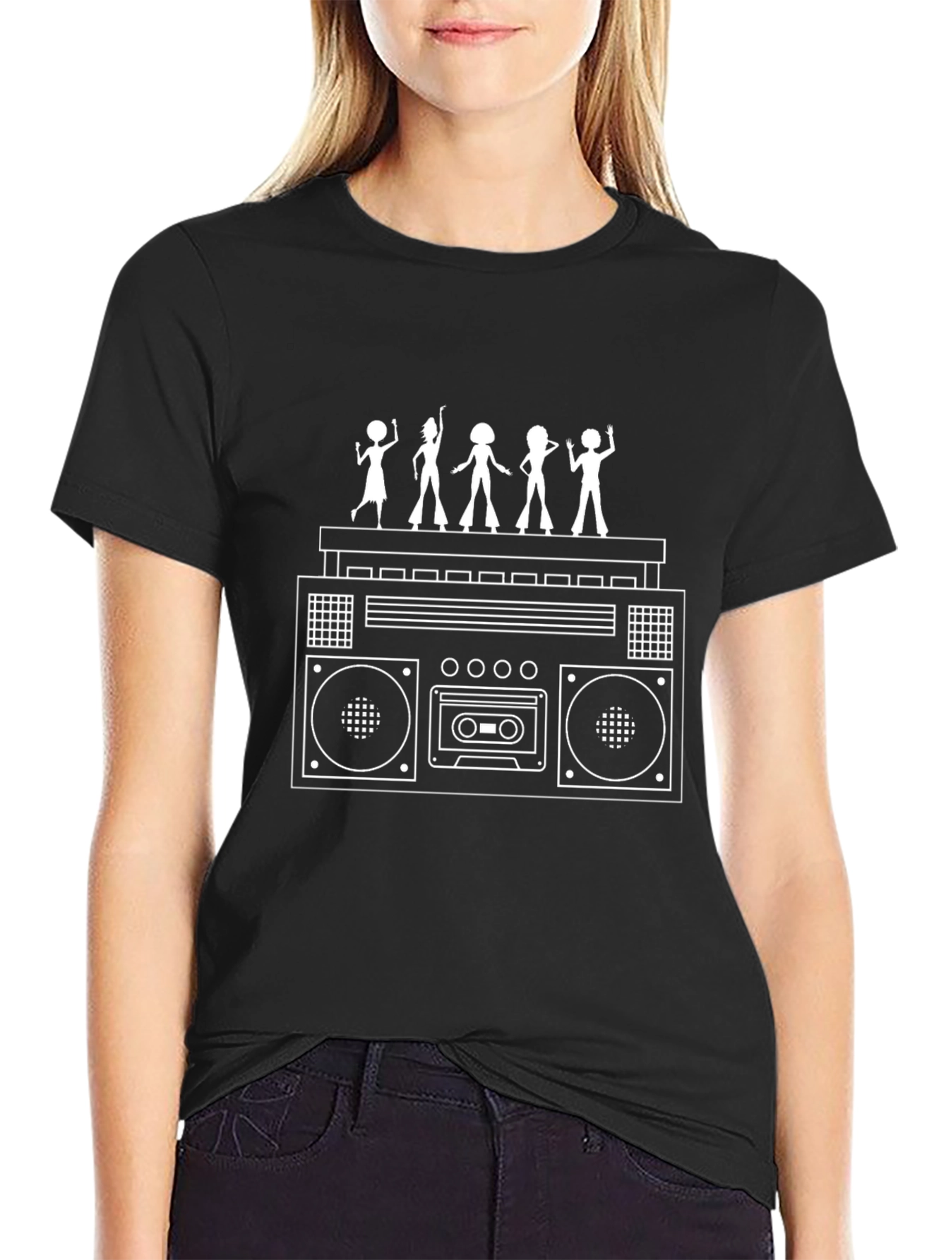 Black Retro Boombox & Disco Dancers Black T-Shirt view 2