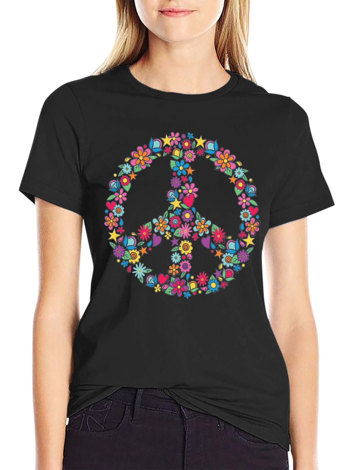 Black Floral Peace Sign Graphic T-Shirt view 2