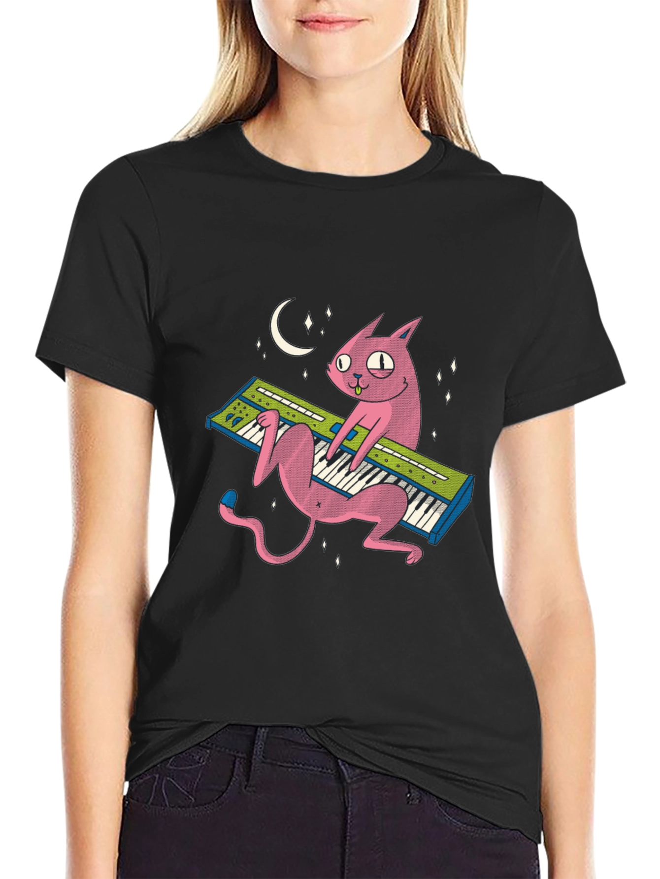 Black Funny Cat Playing Keyboard T-Shirt - Unique Graphic Tee view 2
