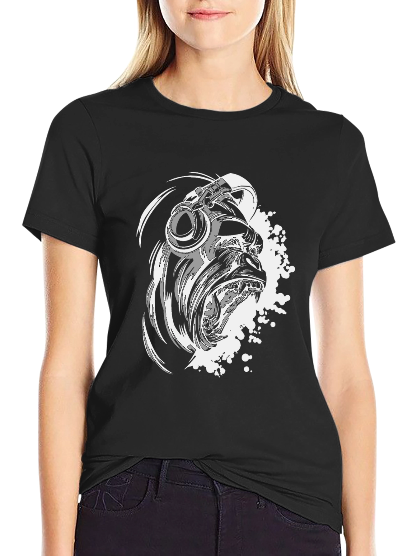 Black Cool Gorilla Headphone Graphic Tee view 2