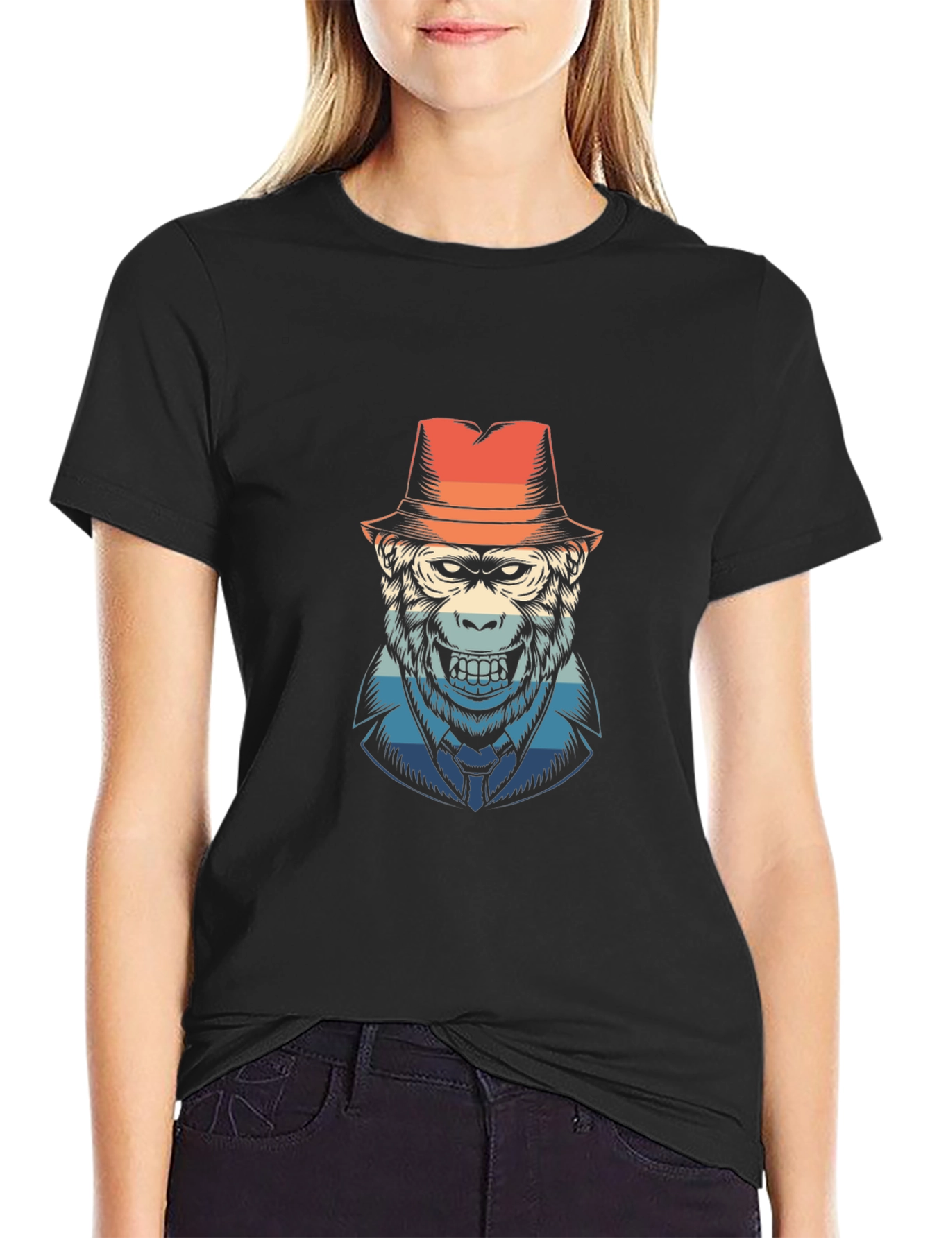Black Gorilla Fedora Retro Graphic T-Shirt - Cool Ape Design view 2