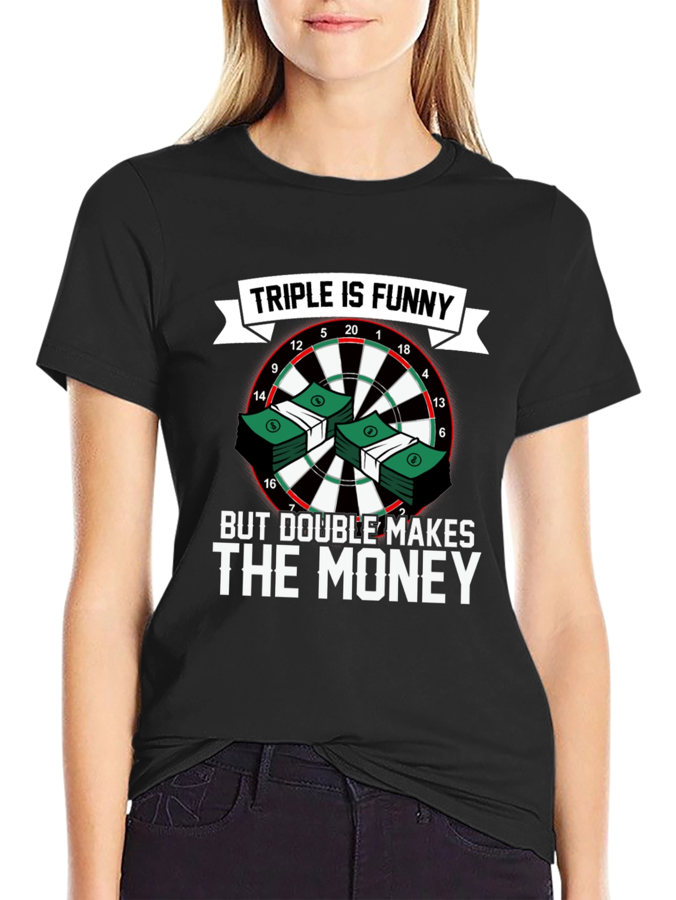 Black Triple is Funny T-Shirt - Dartboard & Money Design view 2
