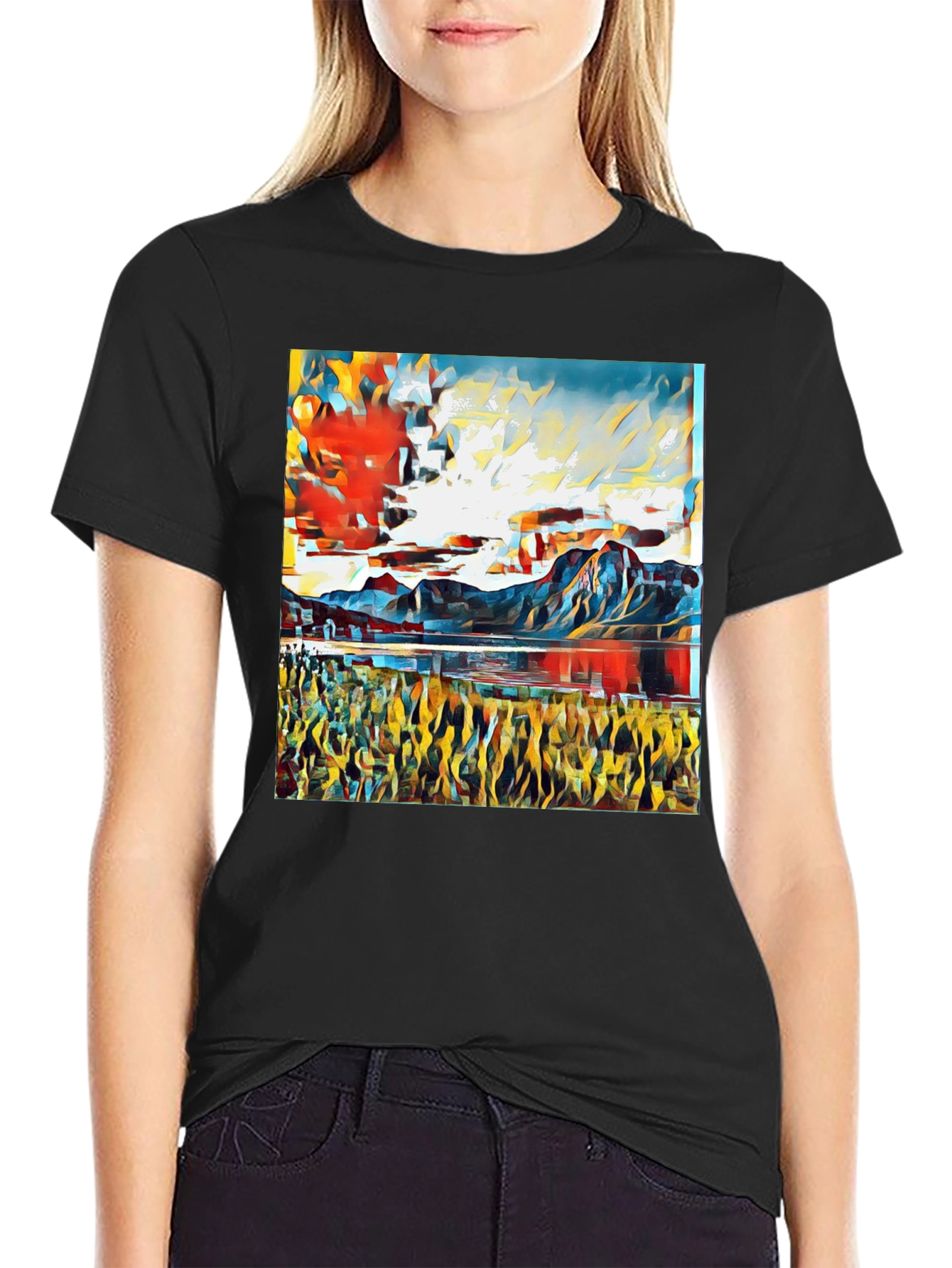 Black Abstract Landscape Graphic Tee - Stylish Art Shirt view 2
