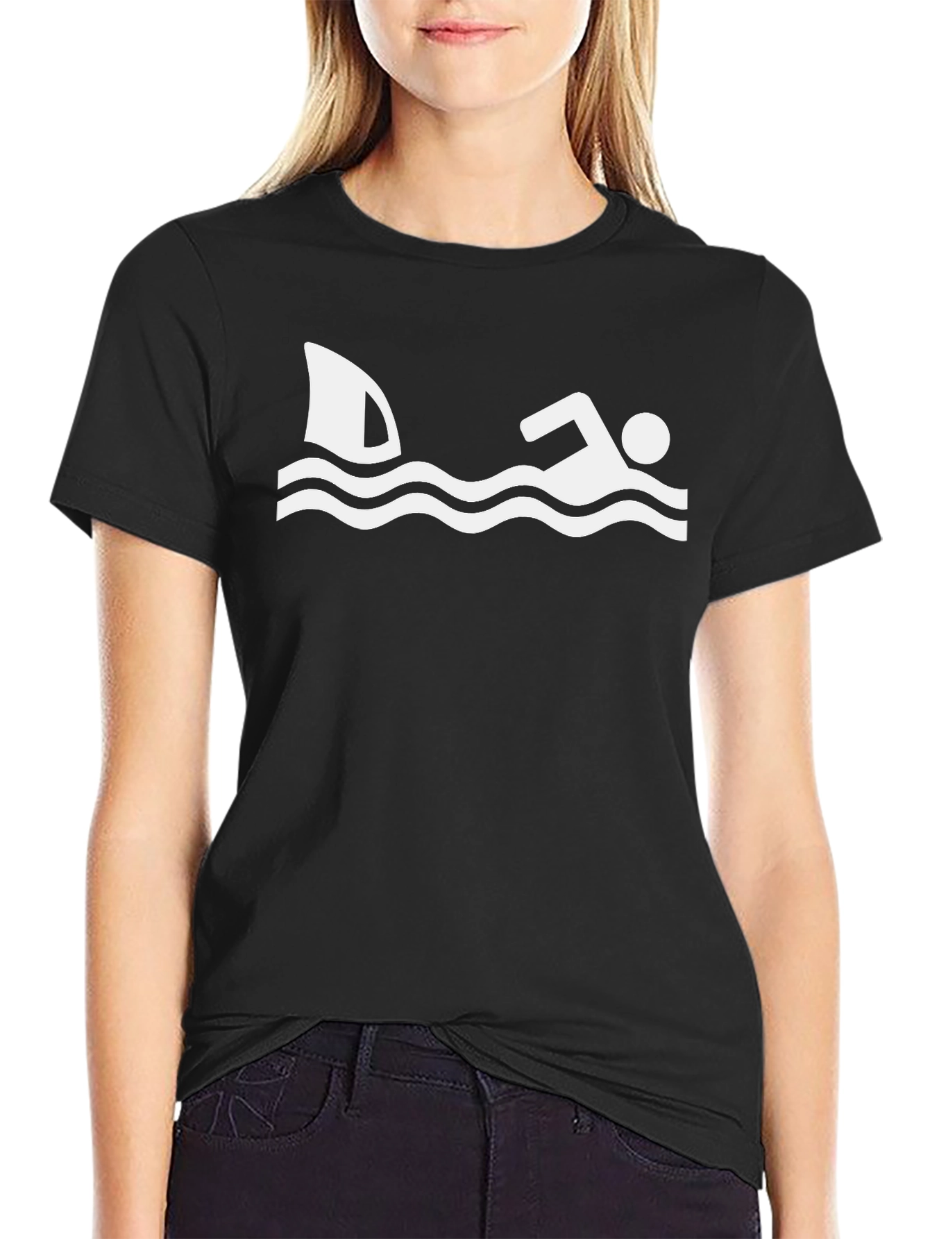 Black Humorous Shark Swimmer T-Shirt view 2