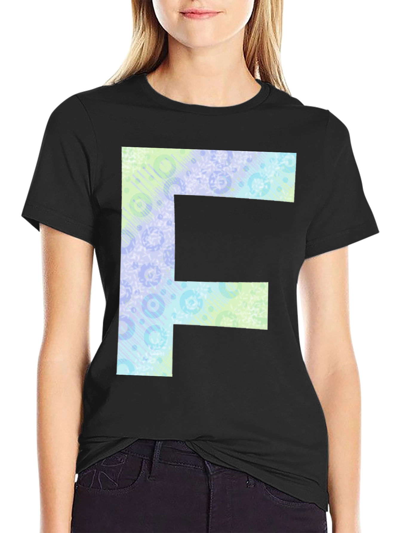 Black Letter F Patterned Tee - Black Cotton Casual Shirt view 2