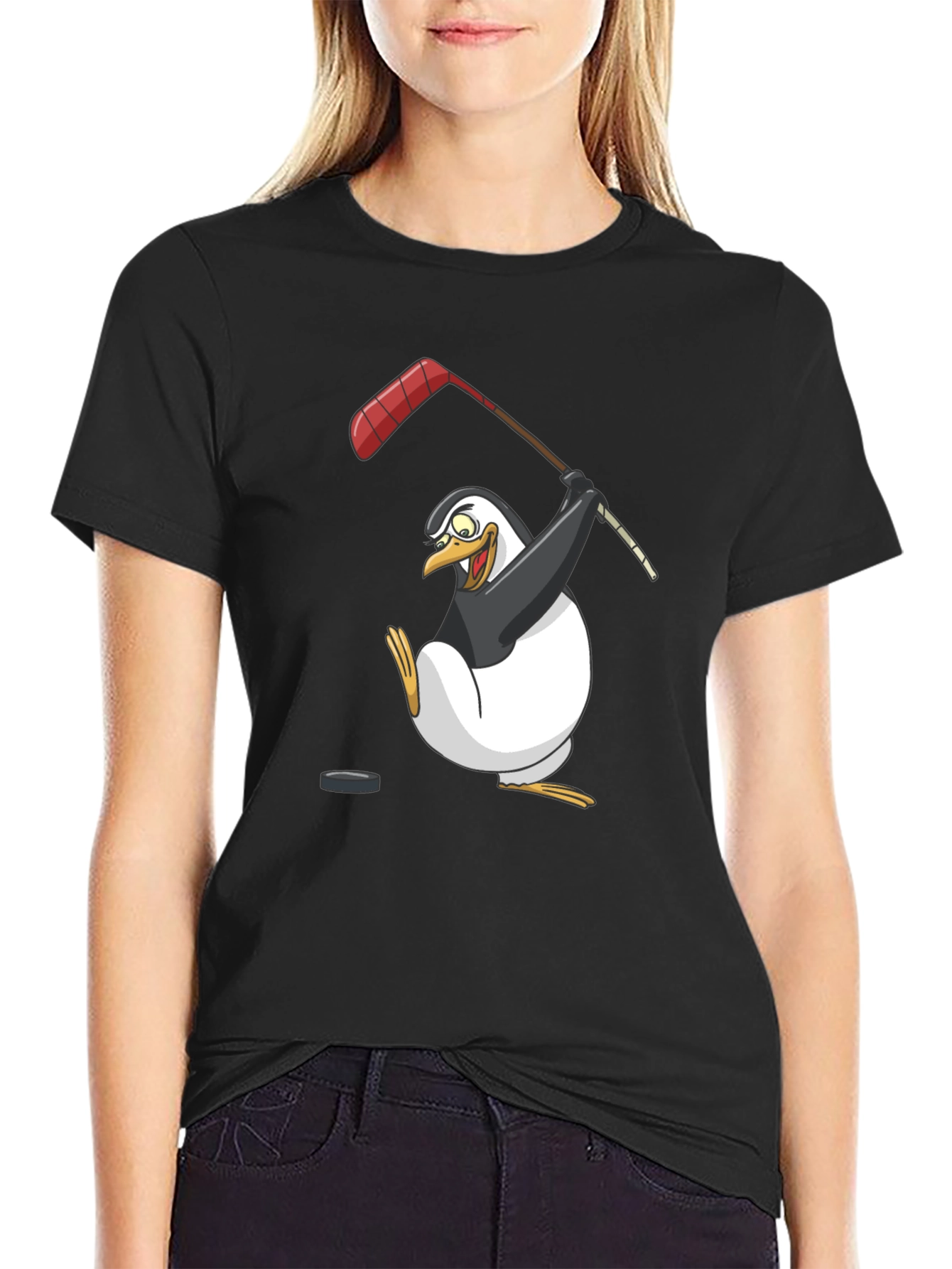 Black Penguin Hockey Player Graphic T-Shirt view 2