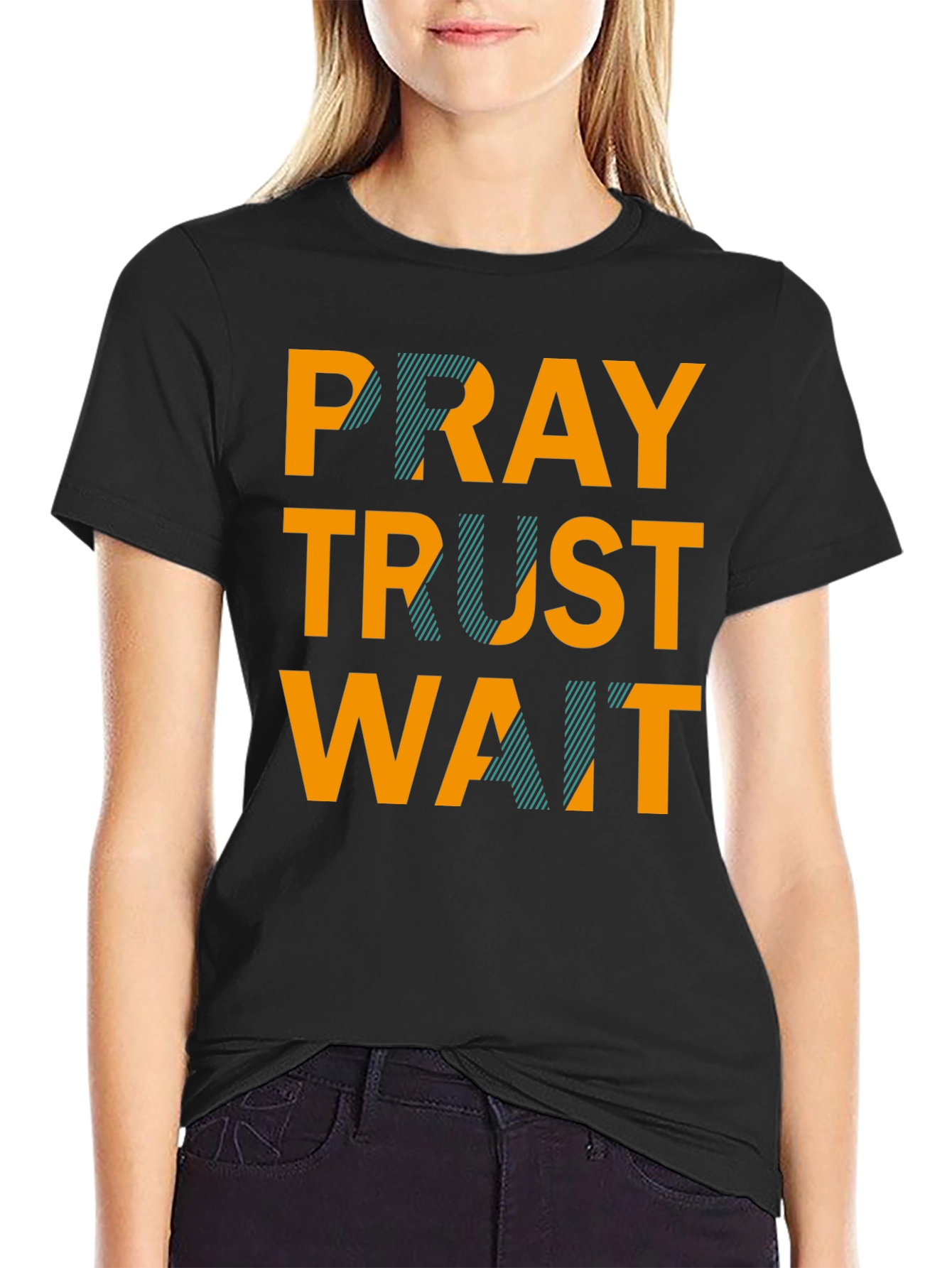 Black Pray Trust Wait Graphic Tee - Black Casual T-Shirt view 2