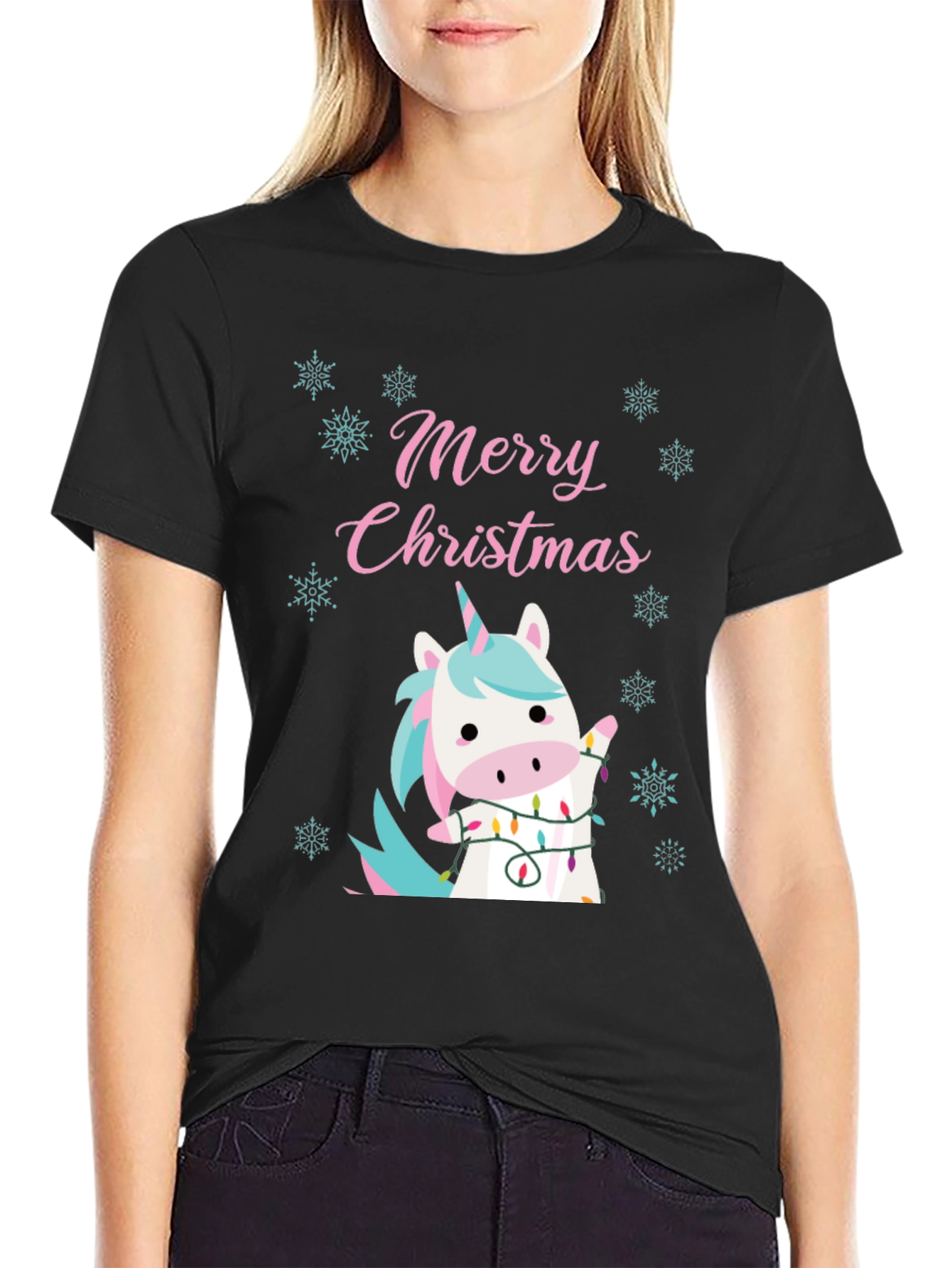 Black Merry Christmas Unicorn Tee view 2