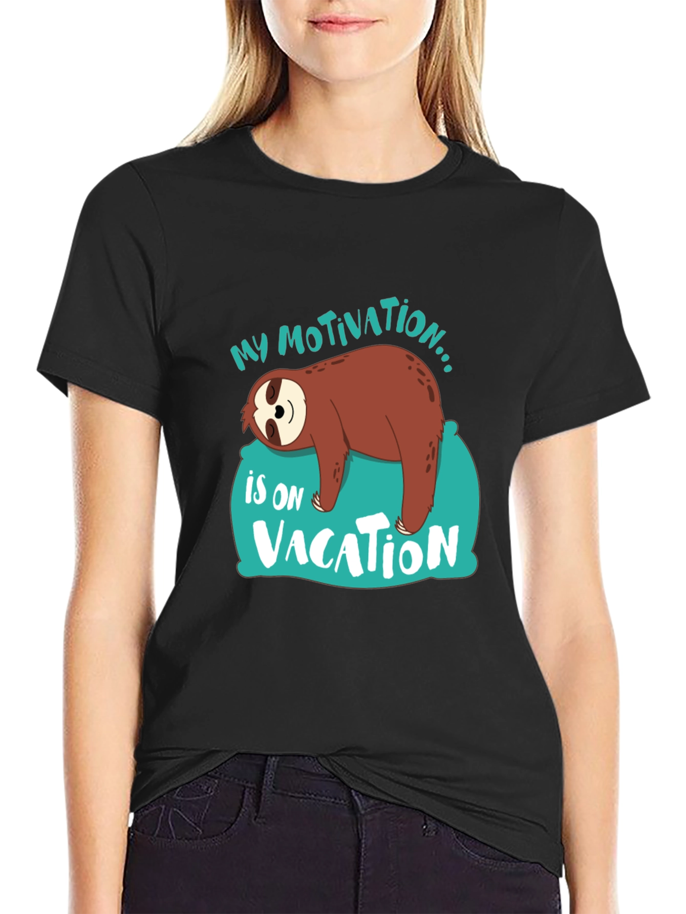Black My Motivation is on Vacation Sloth Graphic T-Shirt view 2