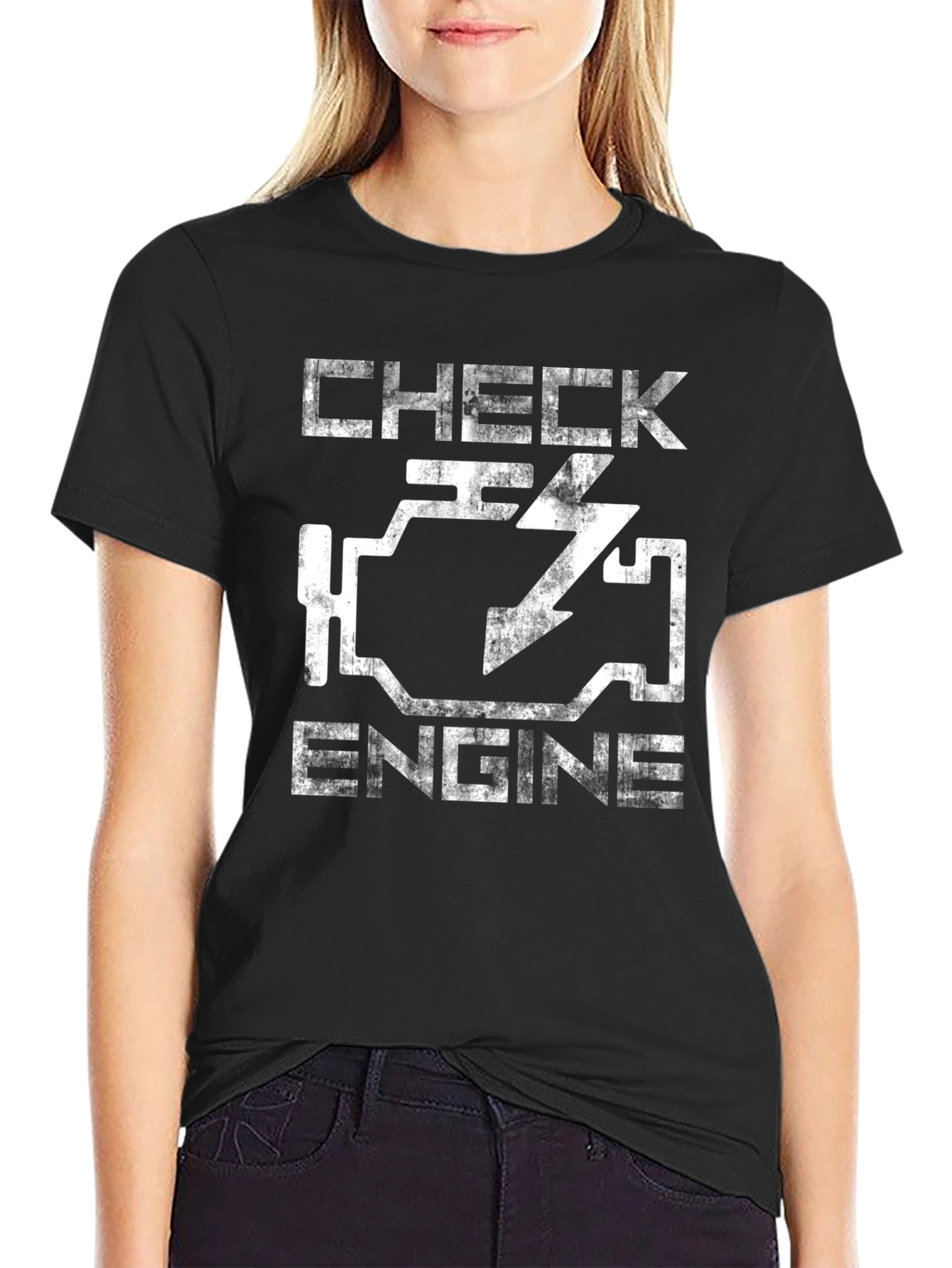 Black Check Engine Funny Graphic Tee - Black Cotton T-Shirt view 2