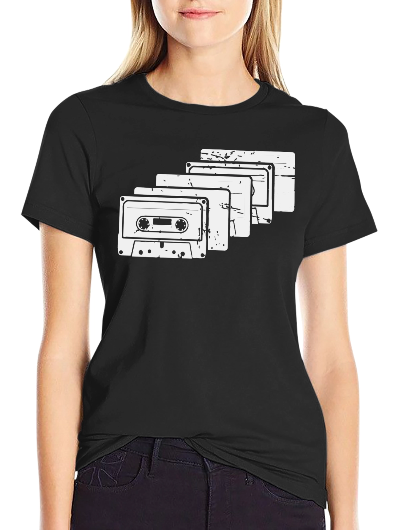 Black Retro Cassette Tape Graphic Tee - Black Cotton T-Shirt view 2