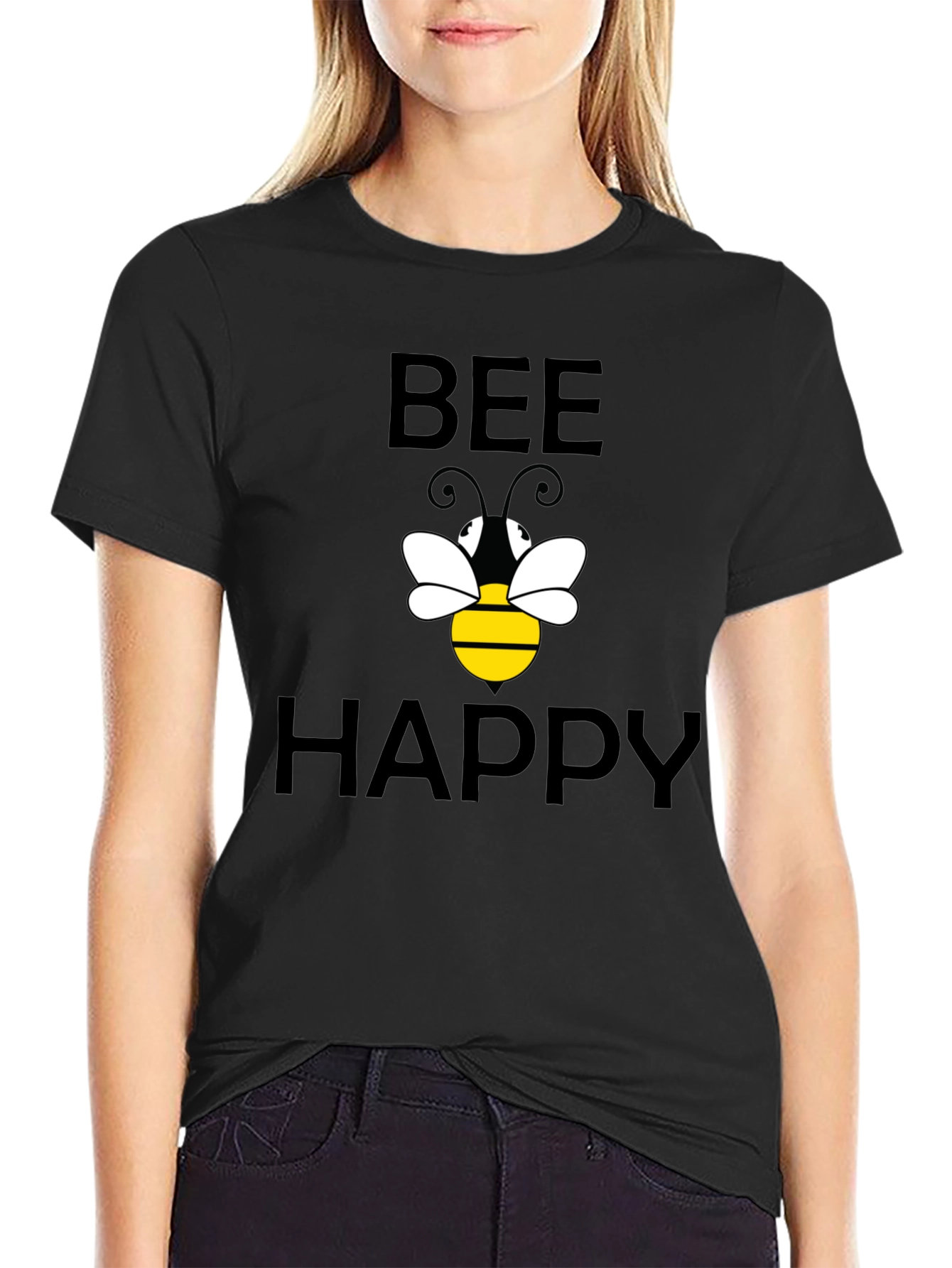 Black Bee Happy Graphic T-Shirt - Black Cotton view 2