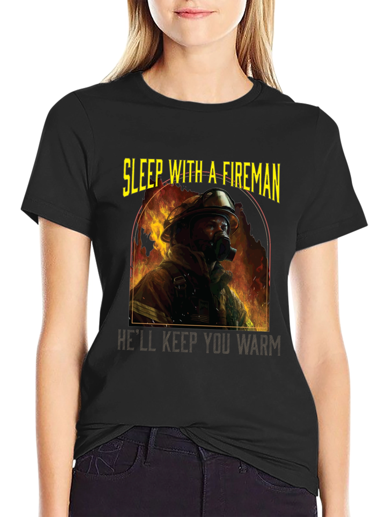 Black Fireman Graphic T-Shirt - Sleep With A Fireman view 2