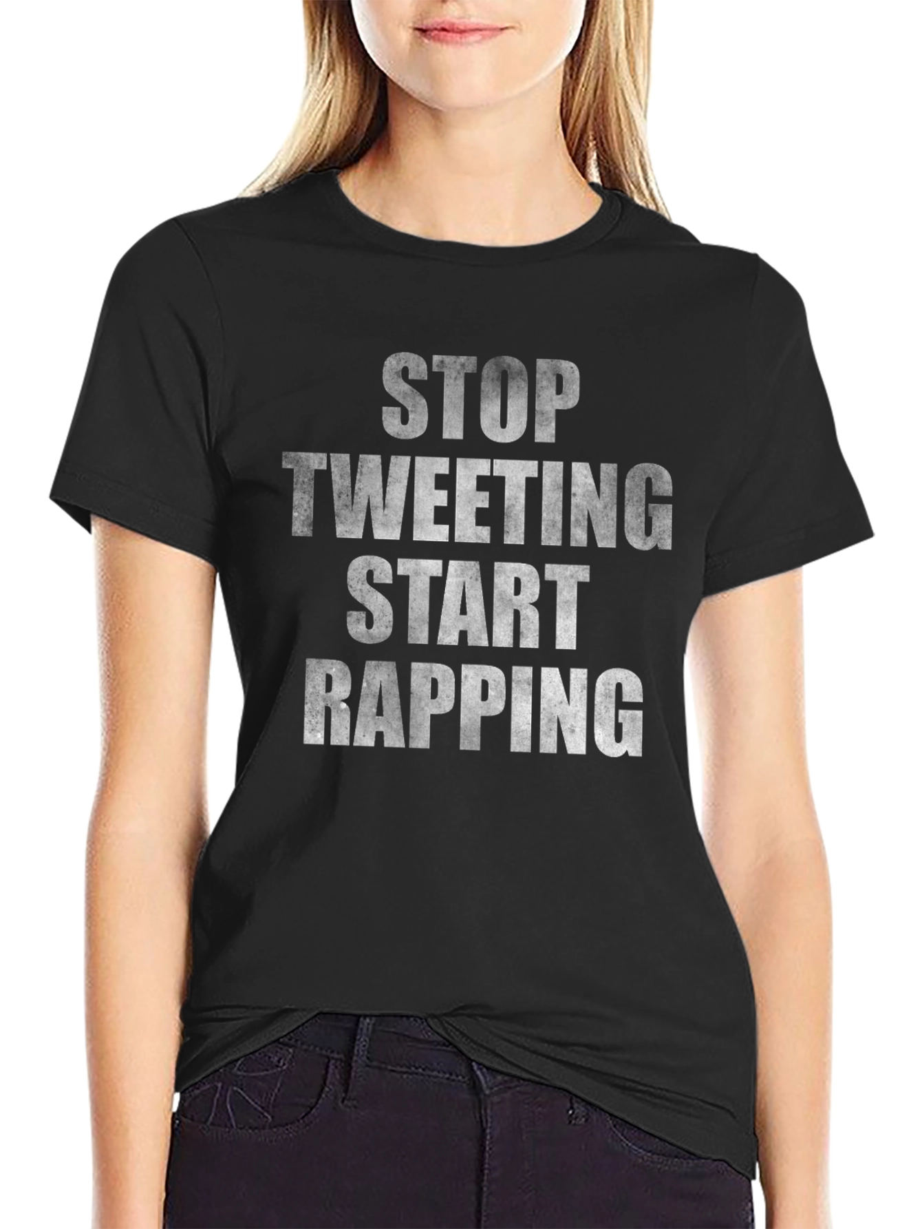 Black Stop Tweeting Start Rapping Black Graphic T-Shirt view 2
