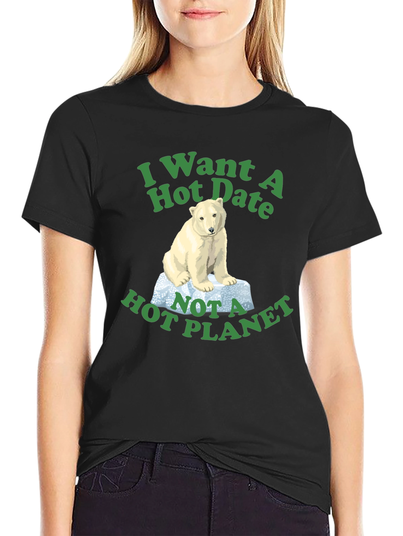 Black I Want a Hot Date Polar Bear Graphic T-Shirt view 2