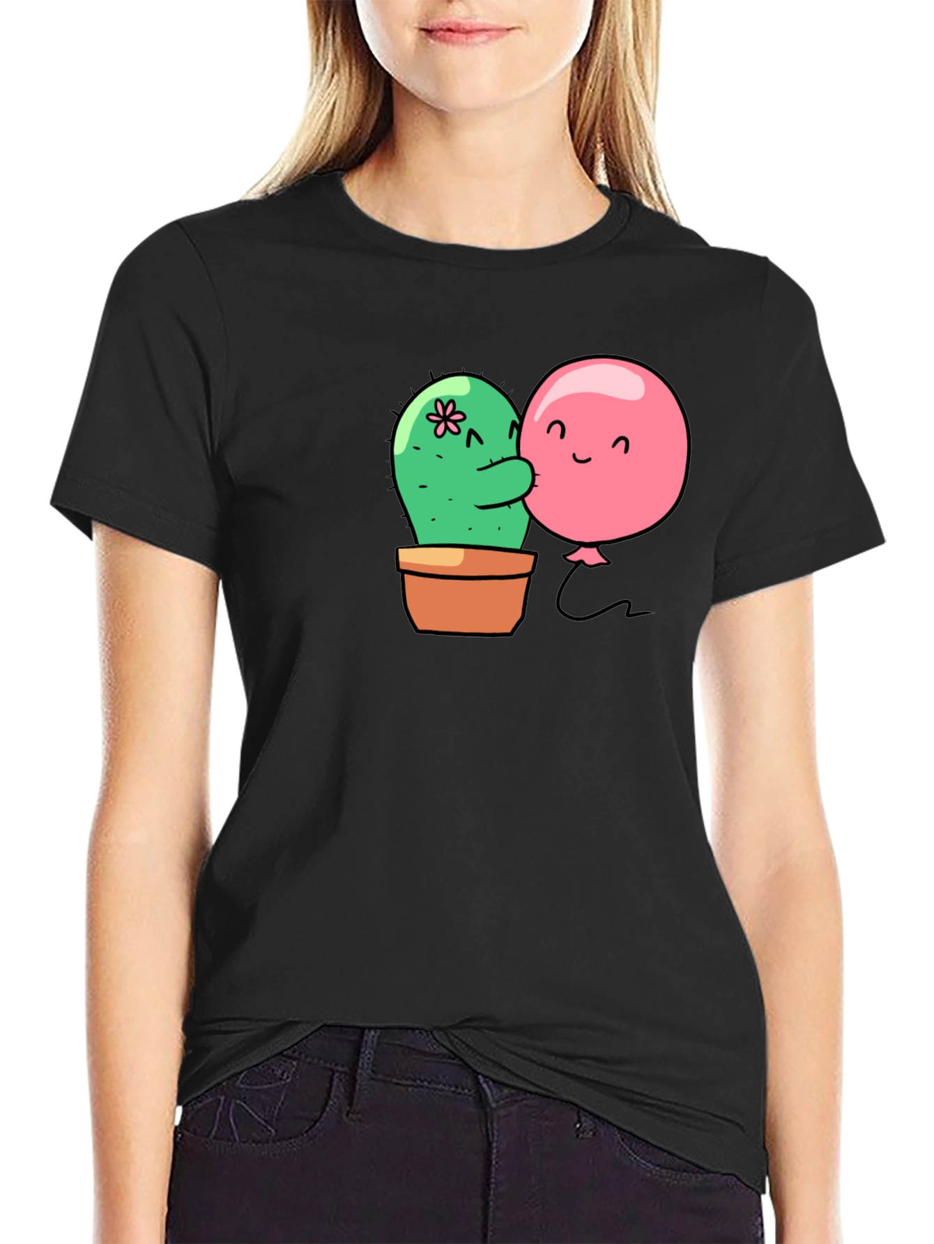 Black Cactus & Balloon Hug Black T-Shirt view 2