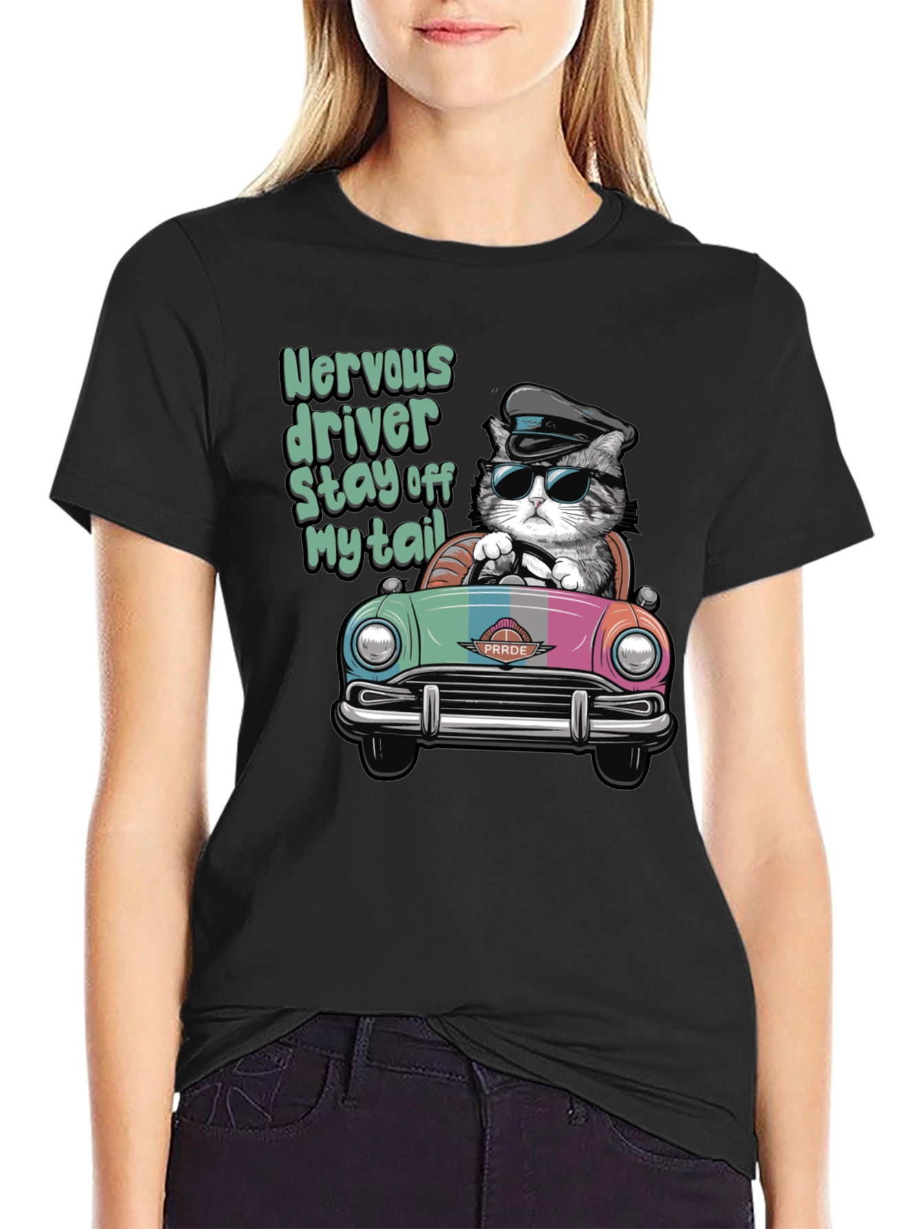 Black Nervous Driver Cat T-Shirt view 2