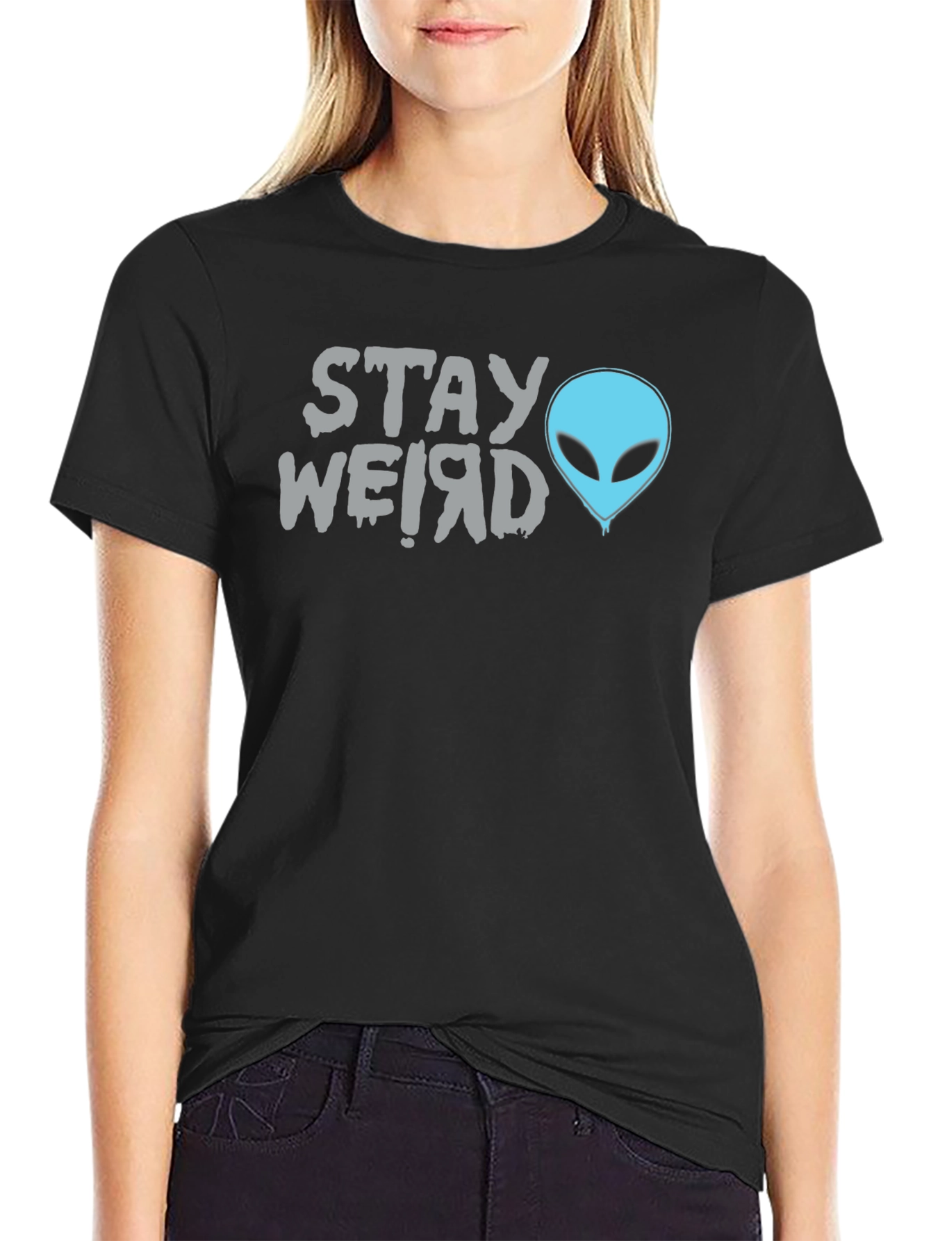 Black Stay Weird Alien Graphic Tee - Black Cotton T-Shirt view 2