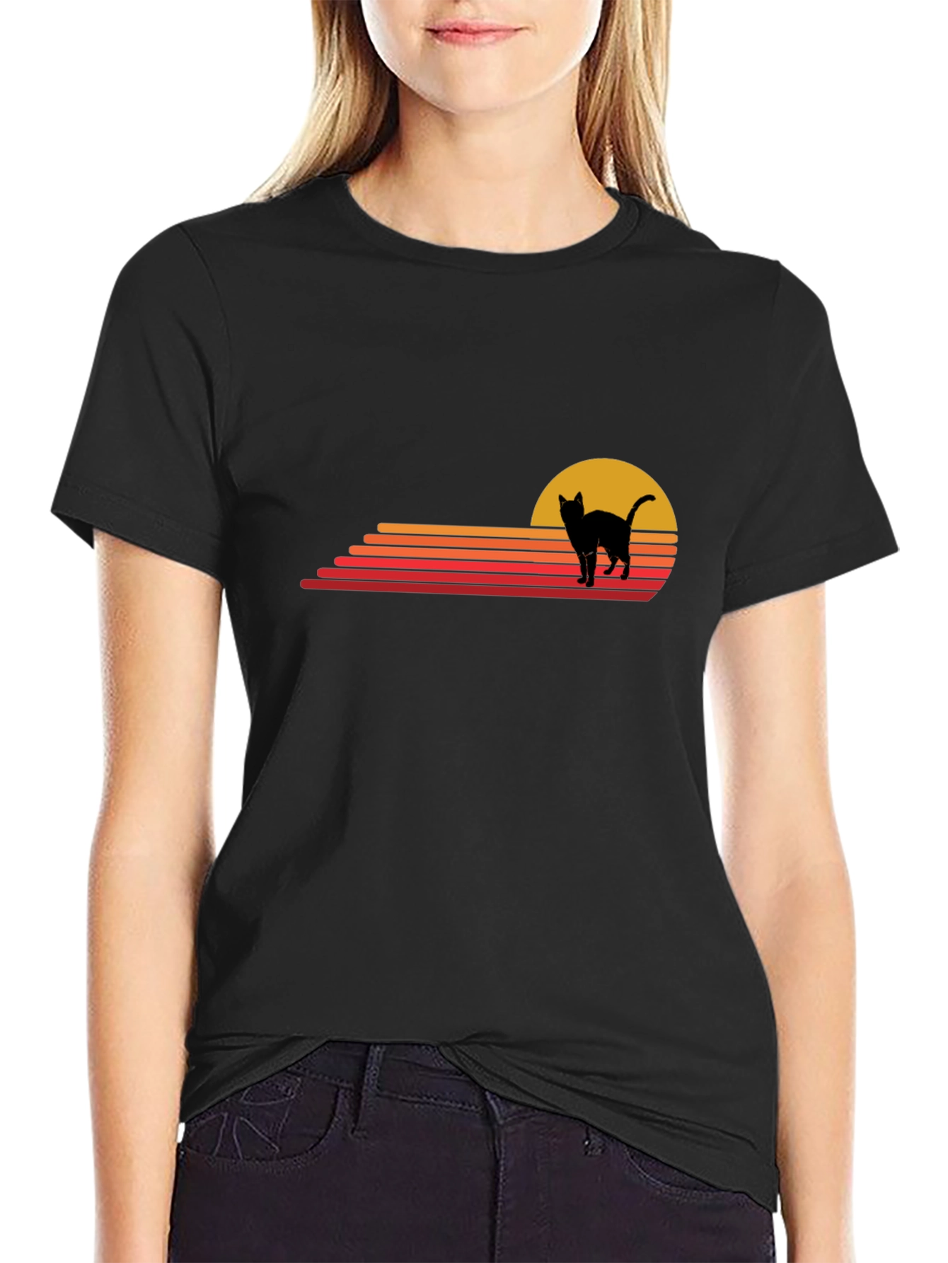 Black Retro Cat Sunset Graphic Tee - Black Cotton T-Shirt view 2