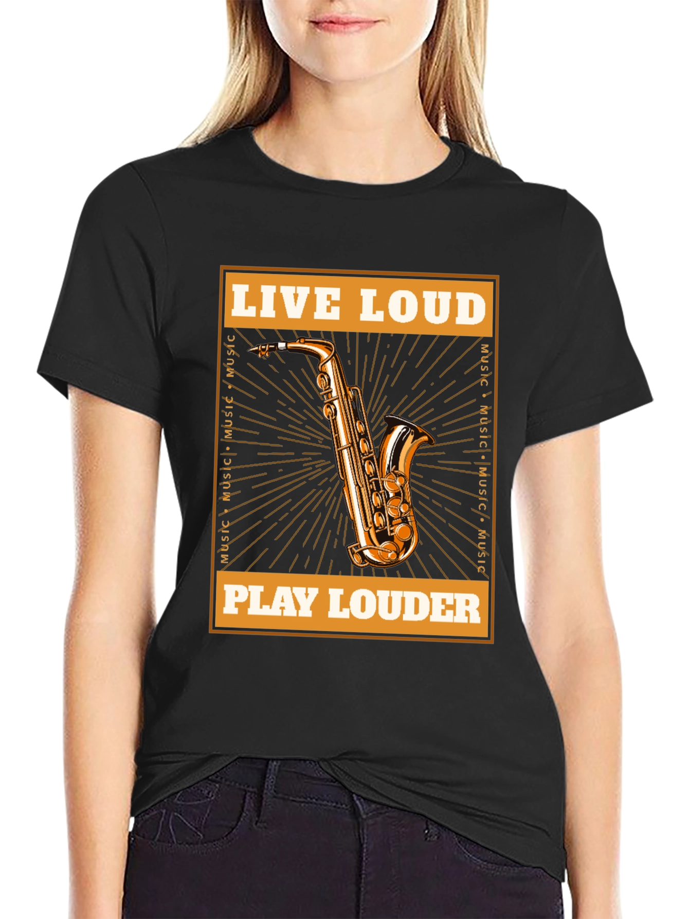 Black Live Loud Saxophone Graphic T-Shirt - Music Lover Tee view 2