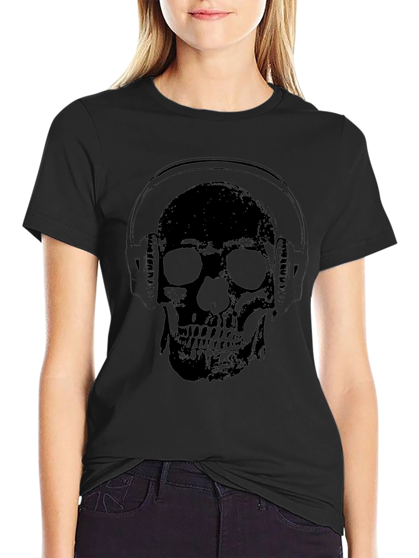 Black Skull Wearing Headphones Graphic Tee - Black view 2