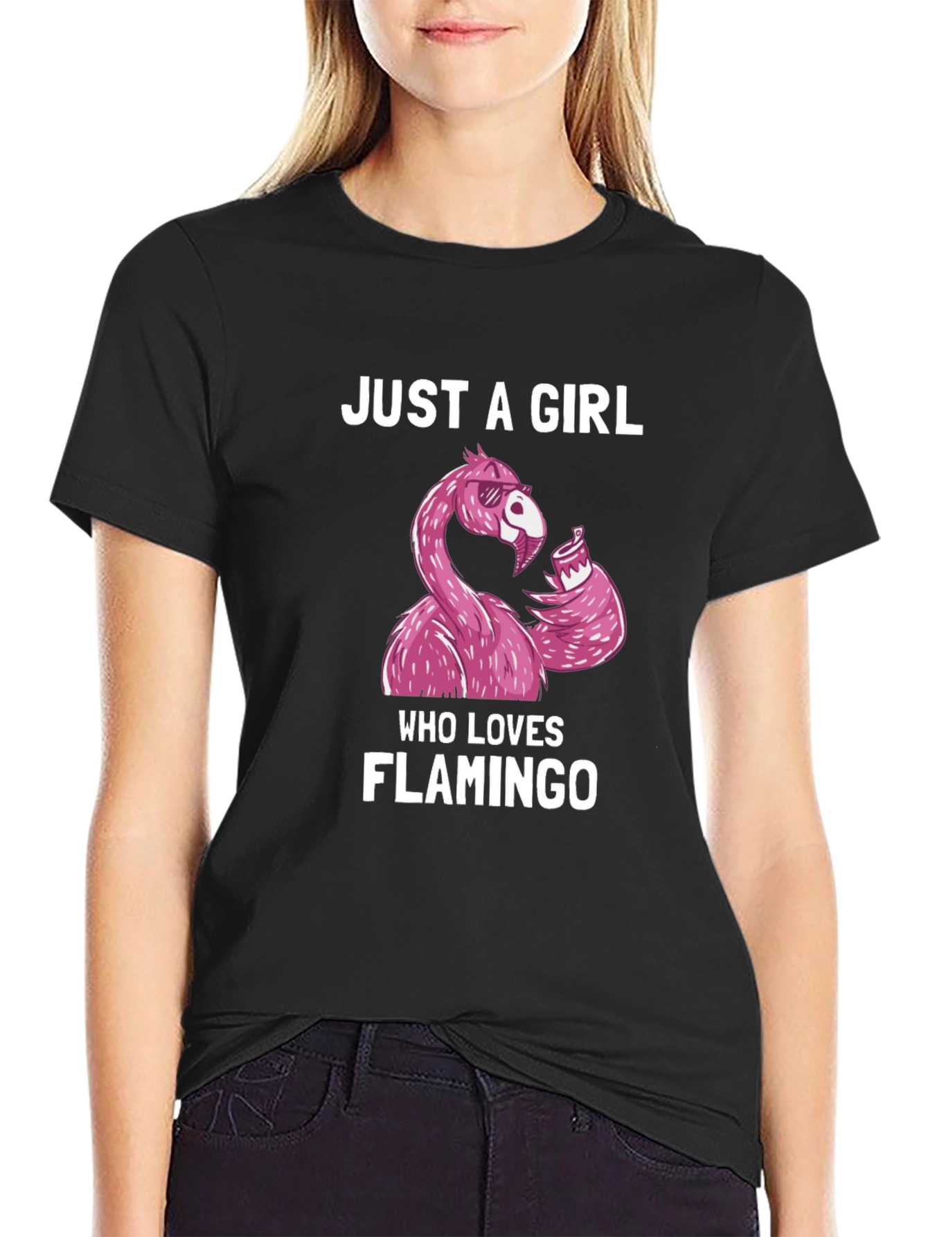 Black Just A Girl Who Loves Flamingo T-Shirt view 2