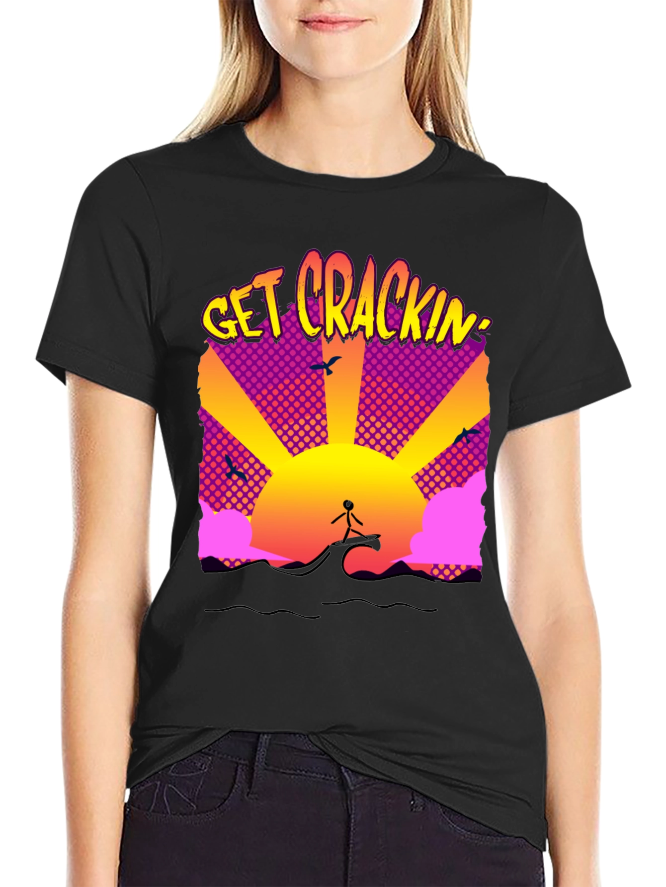 Black Get Crackin' Graphic T-Shirt - Surfing Sunrise view 2
