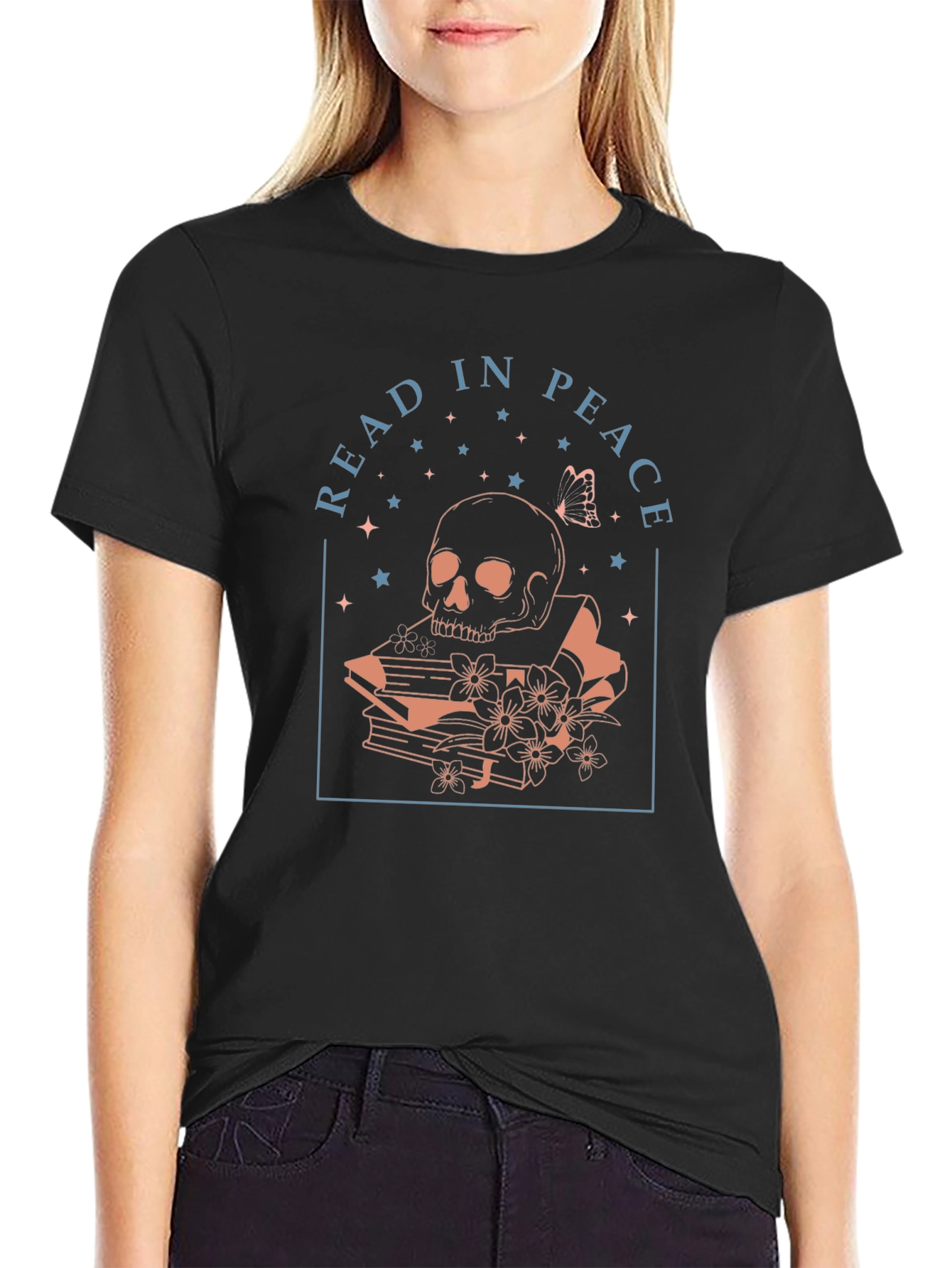 Black Read in Peace Graphic Tee - Skull & Books view 2