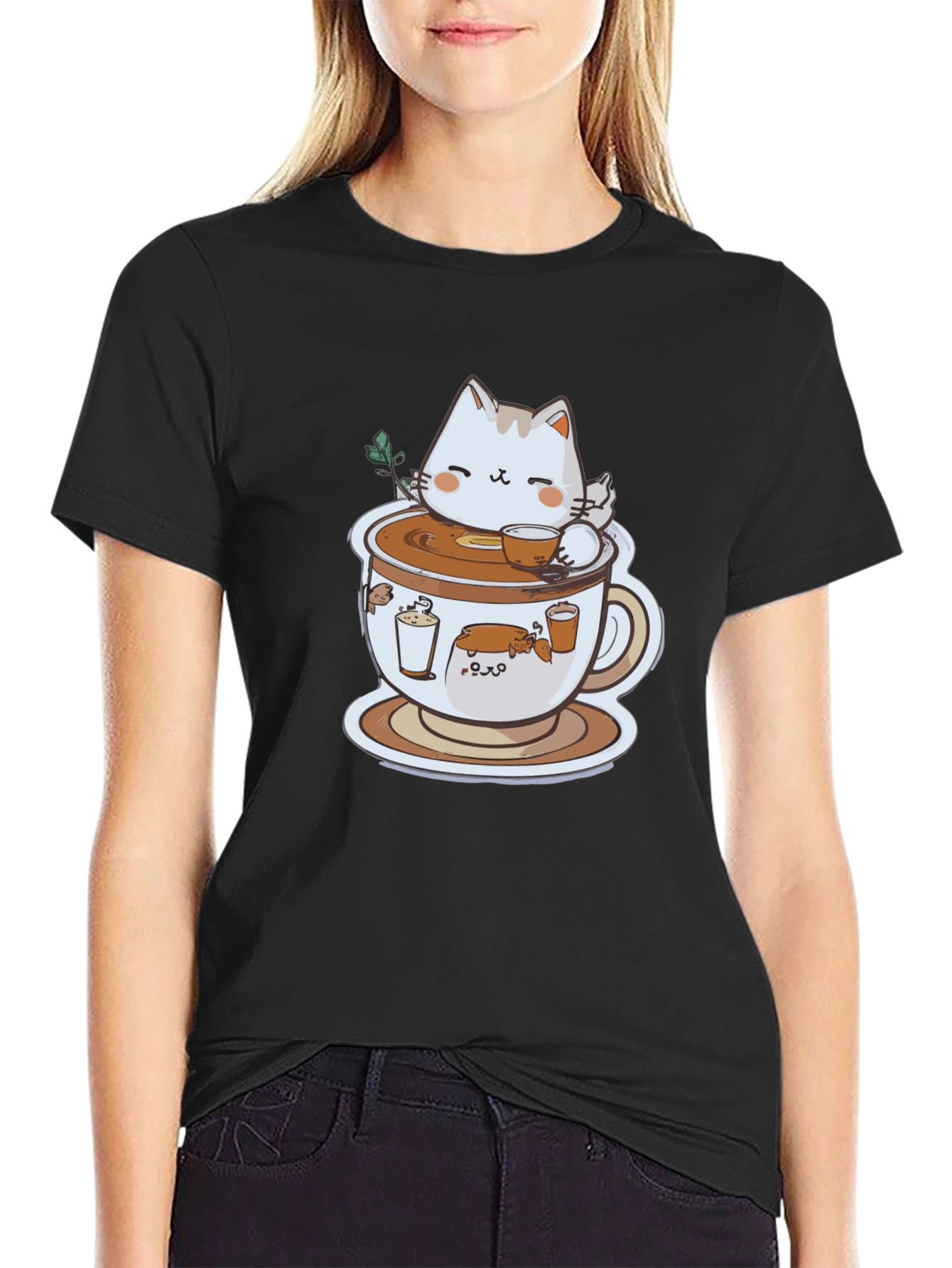 Black Cat in Coffee Cup Graphic Tee view 2