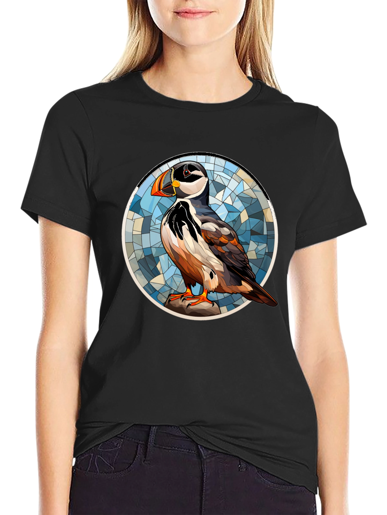 Black Puffin Art T-Shirt - Unique Bird Design view 2