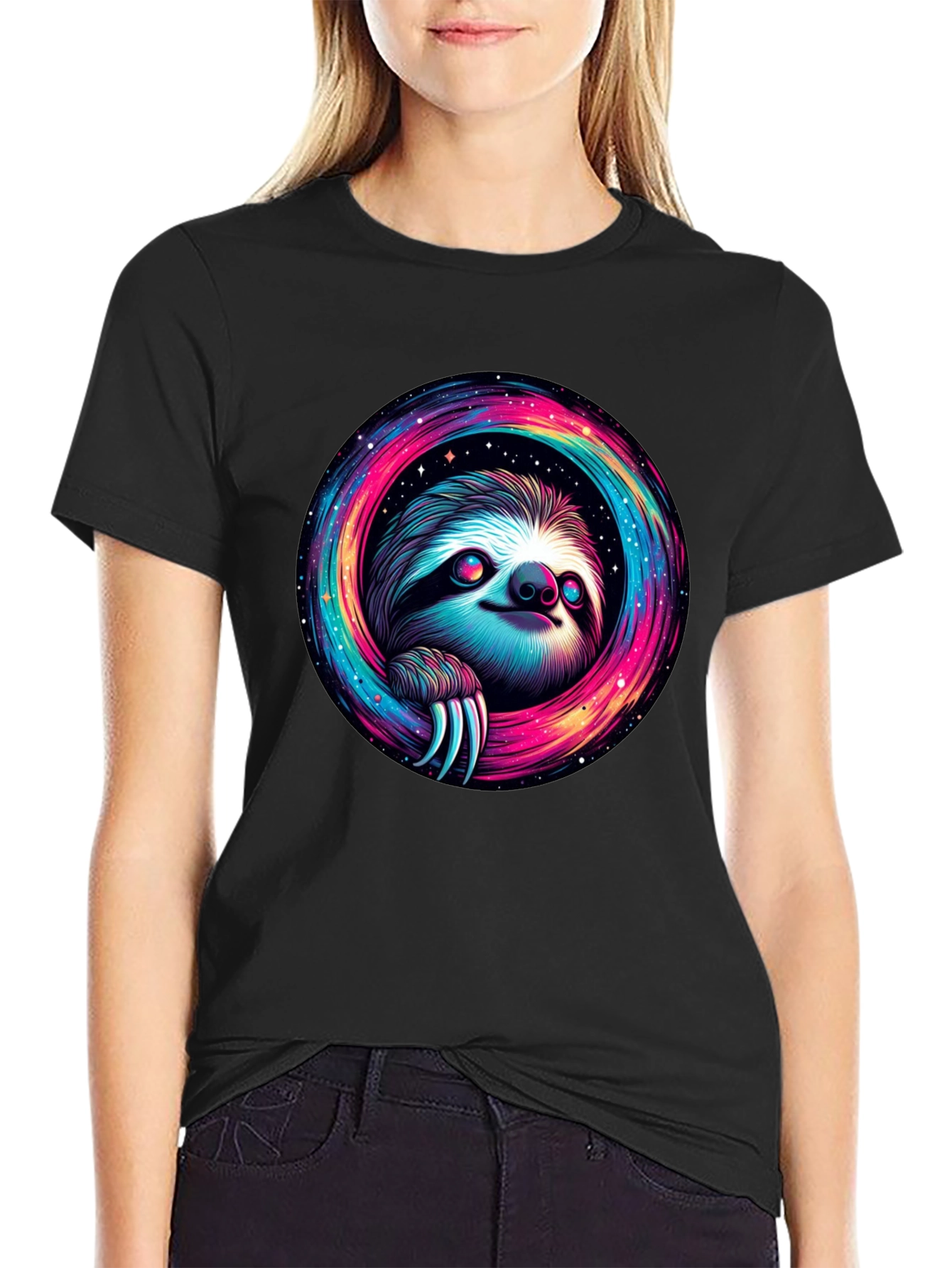 Black Cosmic Sloth Graphic Tee - Unisex Black T-Shirt view 2