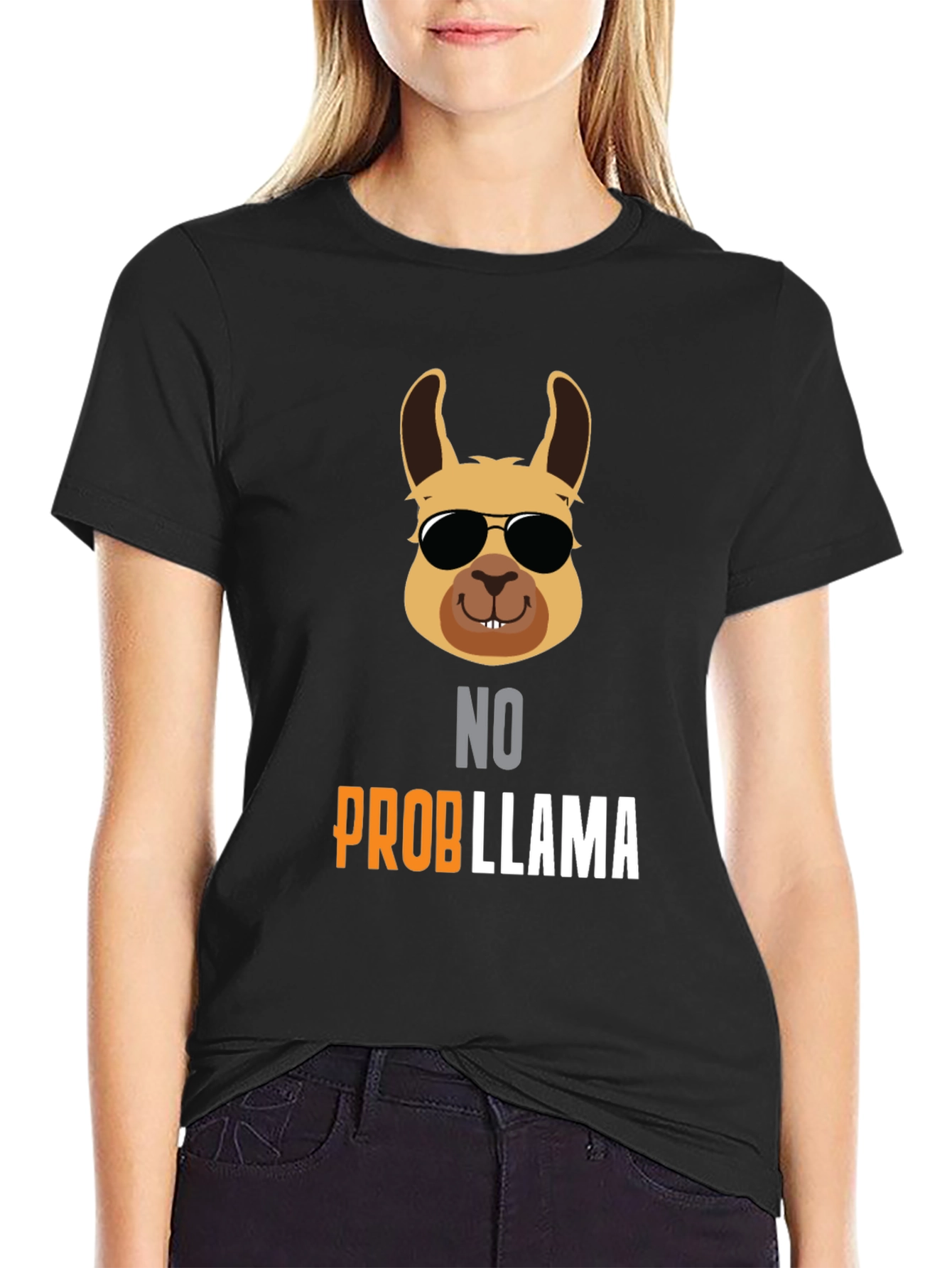 Black No Probllama T-Shirt - Cool Llama with Shades view 2