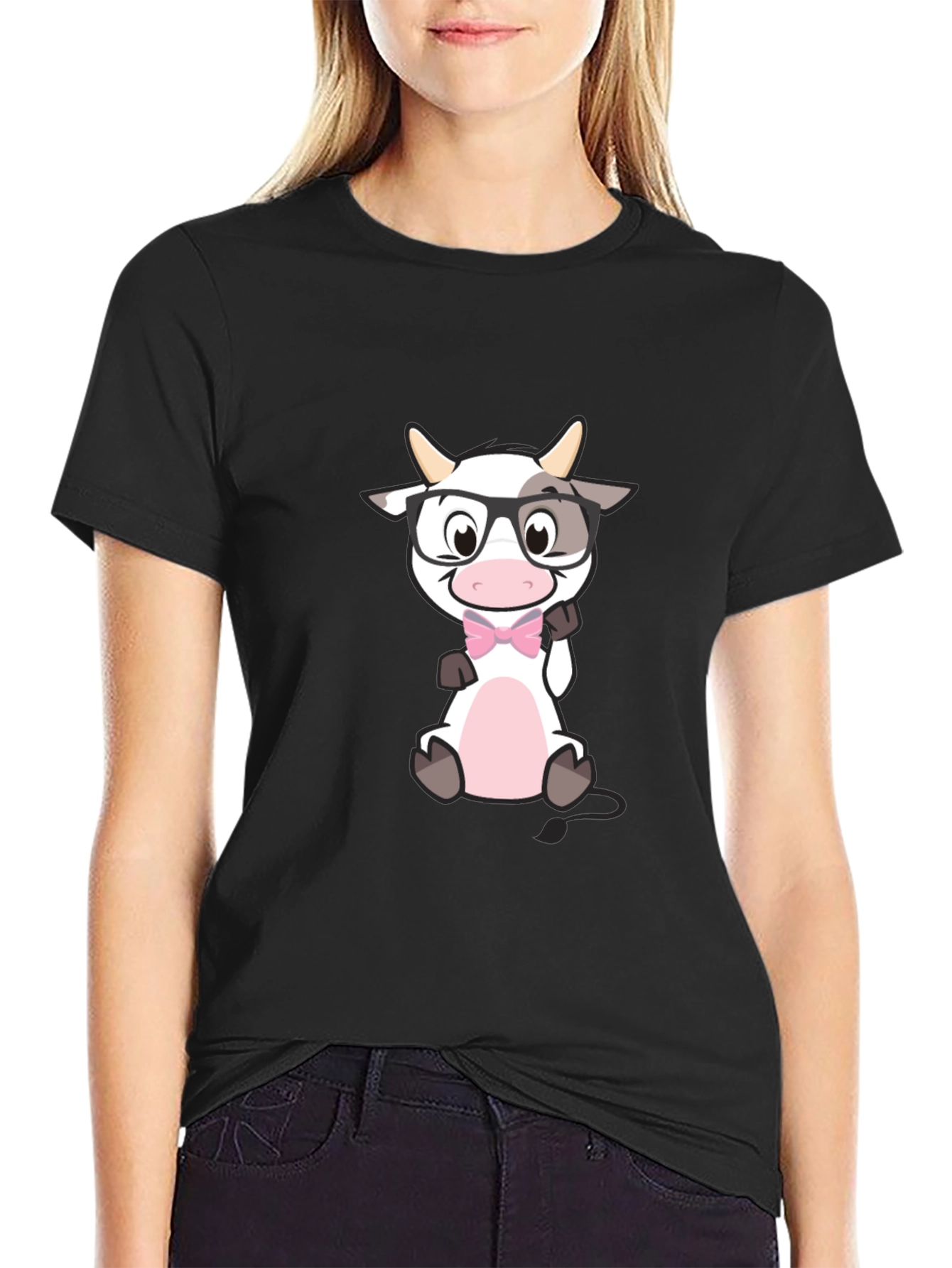 Black Funny Cow with Glasses Black T-Shirt view 2