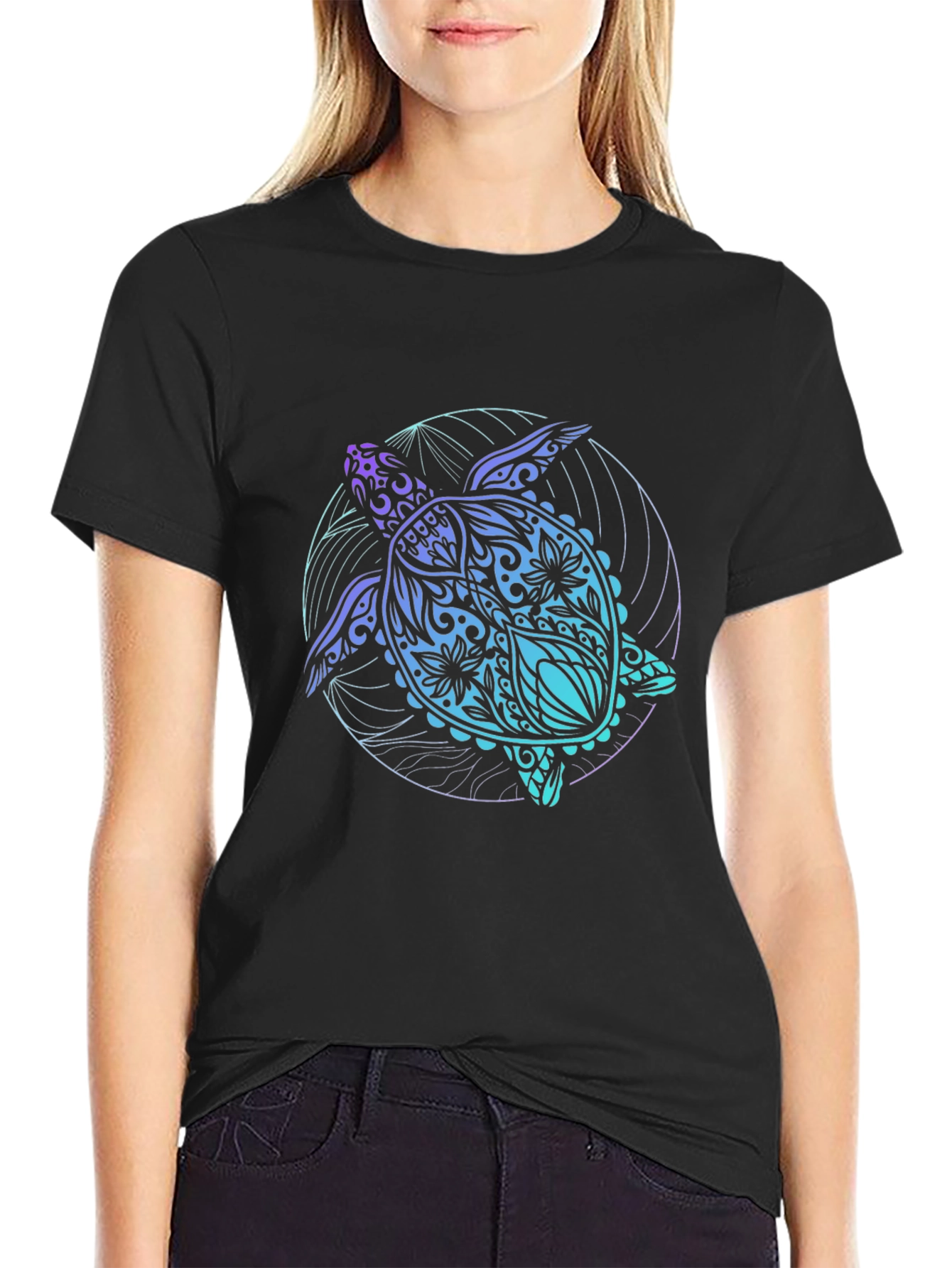 Black Black Turtle Graphic Tee - Artistic Sea Life Shirt view 2