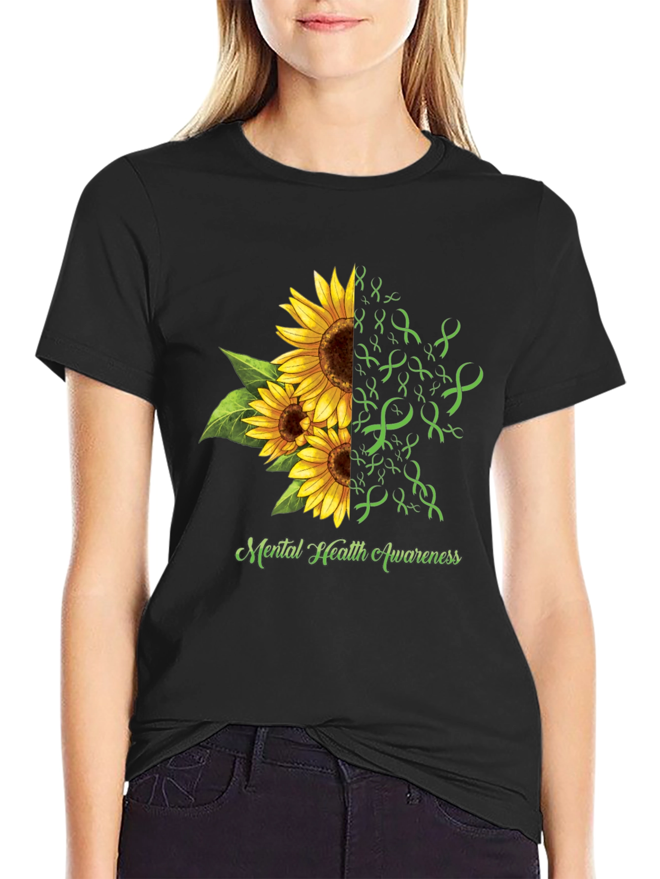 Black Mental Health Awareness Sunflower Ribbon T-Shirt view 2