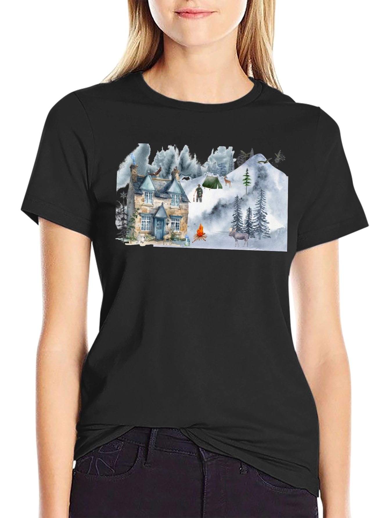 Black Cozy Cabin Mountain Scene Graphic T-Shirt view 2